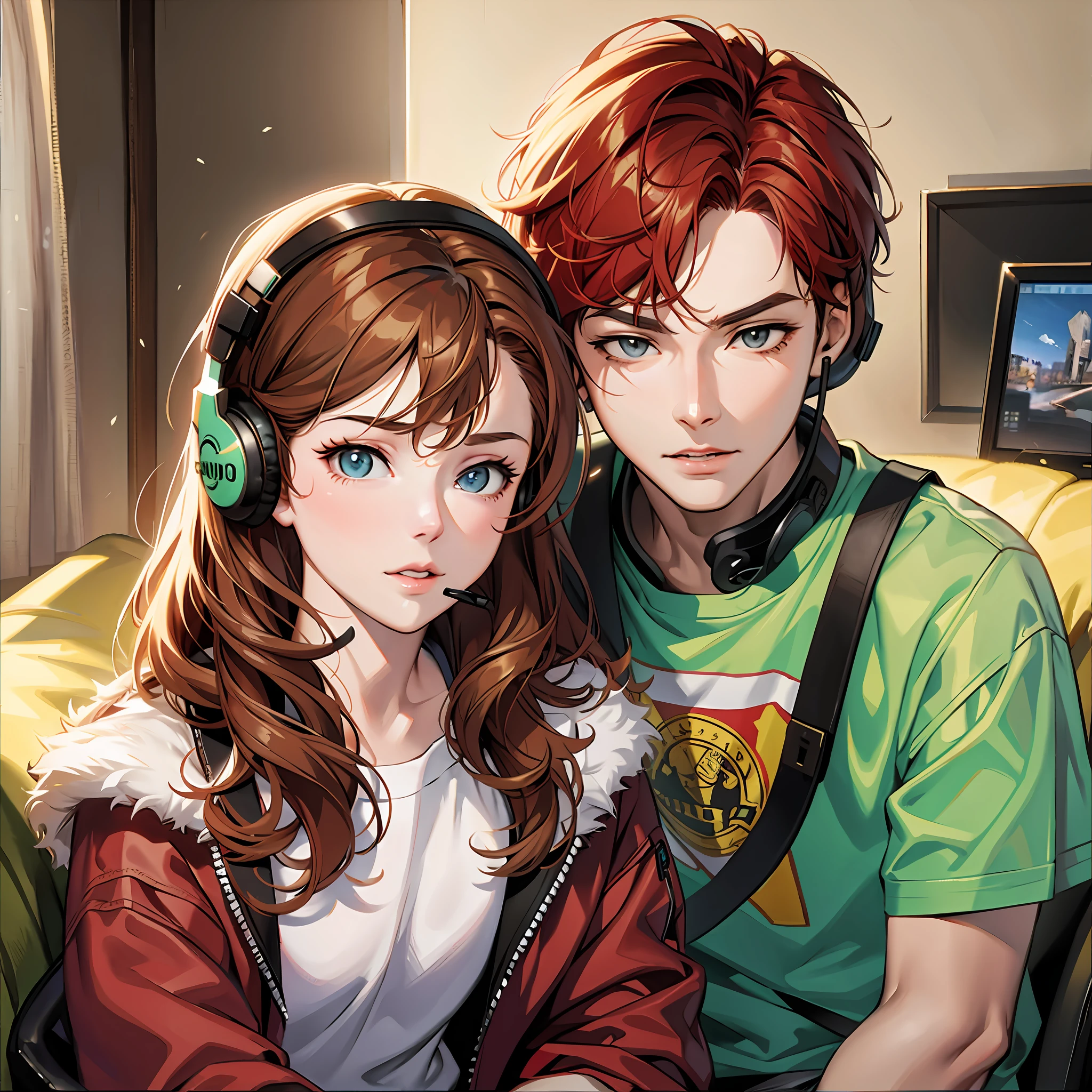 anime couple sitting on a couch with headphones on, high quality fanart, realistic artstyle, lofi portrait, digital anime illustration, artwork in the style of guweiz, anime style portrait, anime style 4 k, realistic anime artstyle, in anime style, sakimichan and frank franzzeta, wlop and sakimichan