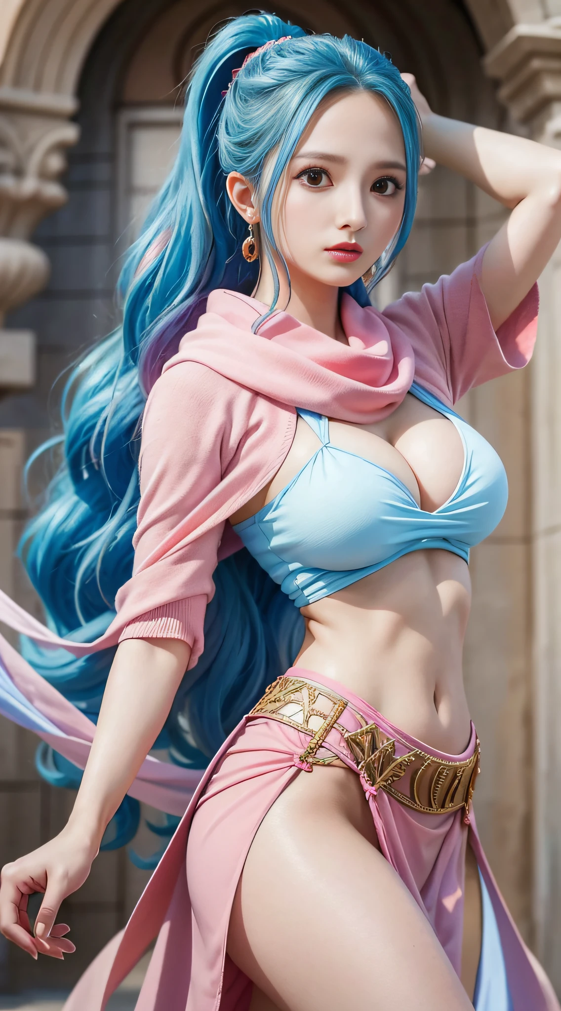 masterpiece, best quality,8k,highestres, absurdres, extremely detailed, nefertari vivi, 1 girl, solo, looking at viewer, long wavy light blue hair, with two locks hanging down, one on either side of her head, which started out at about chin-length, She most often wears her hair pulled back into a ponytail, and brown eyes, she is wearing a dancer outfit with a blue-pink top, blue-pink long skirt, and a white scarf, (castle background),///,