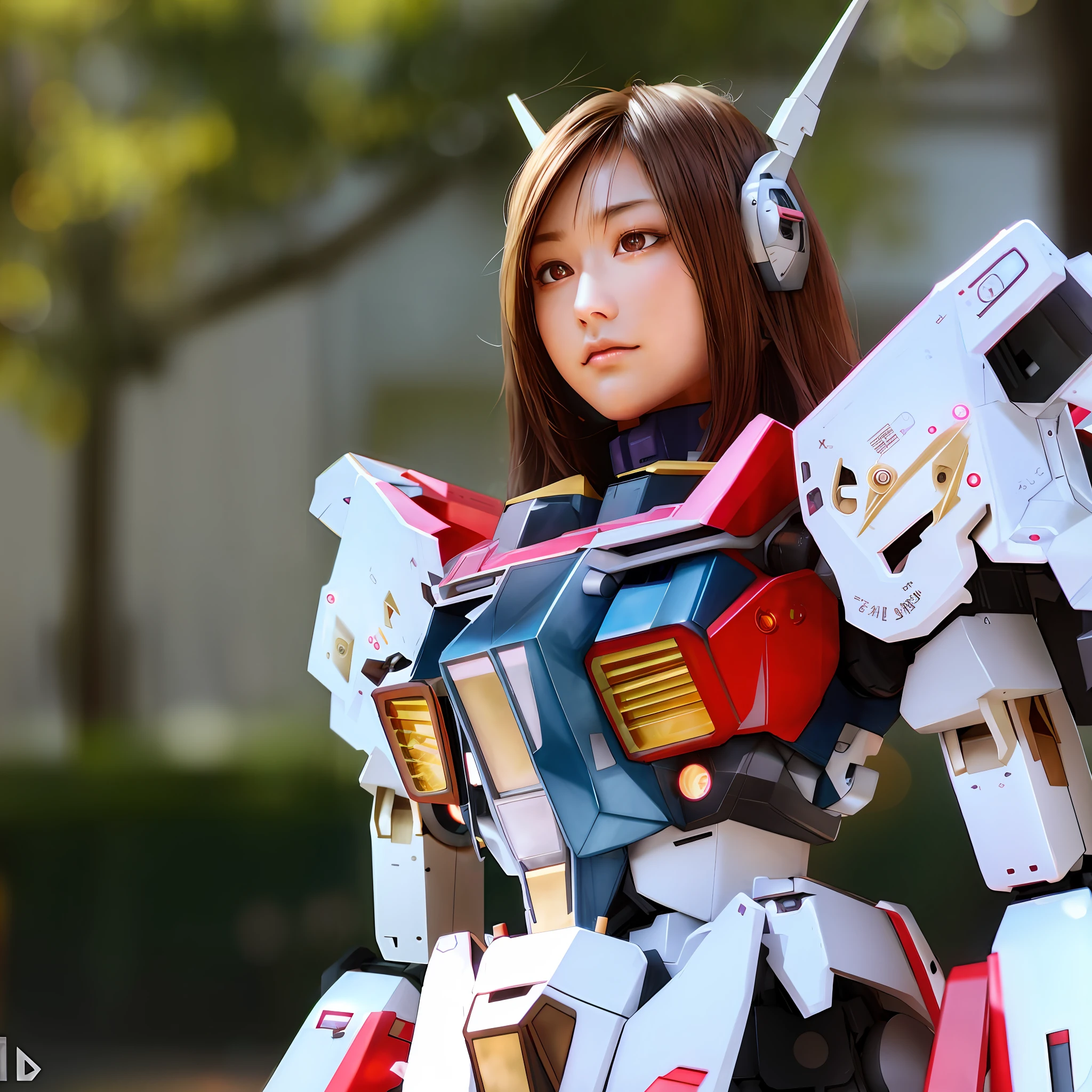 Masterpiece, (Photorealistic: 1.4), Top Quality, Beautiful Lighting, (ulzzang-6500:0.5), (Gray Hair) + (Long Hair) + (Bangs), Purple Eyes, Glowing Eyes, (Gundam Robot Suit), (), Cleavage Exposed Big, GUNDAM RX78, Dense Machine Parts, Tube Lines, Fine LED Lamps, Detailed Neon, RAW Photos, 8k UHD, Film Grain