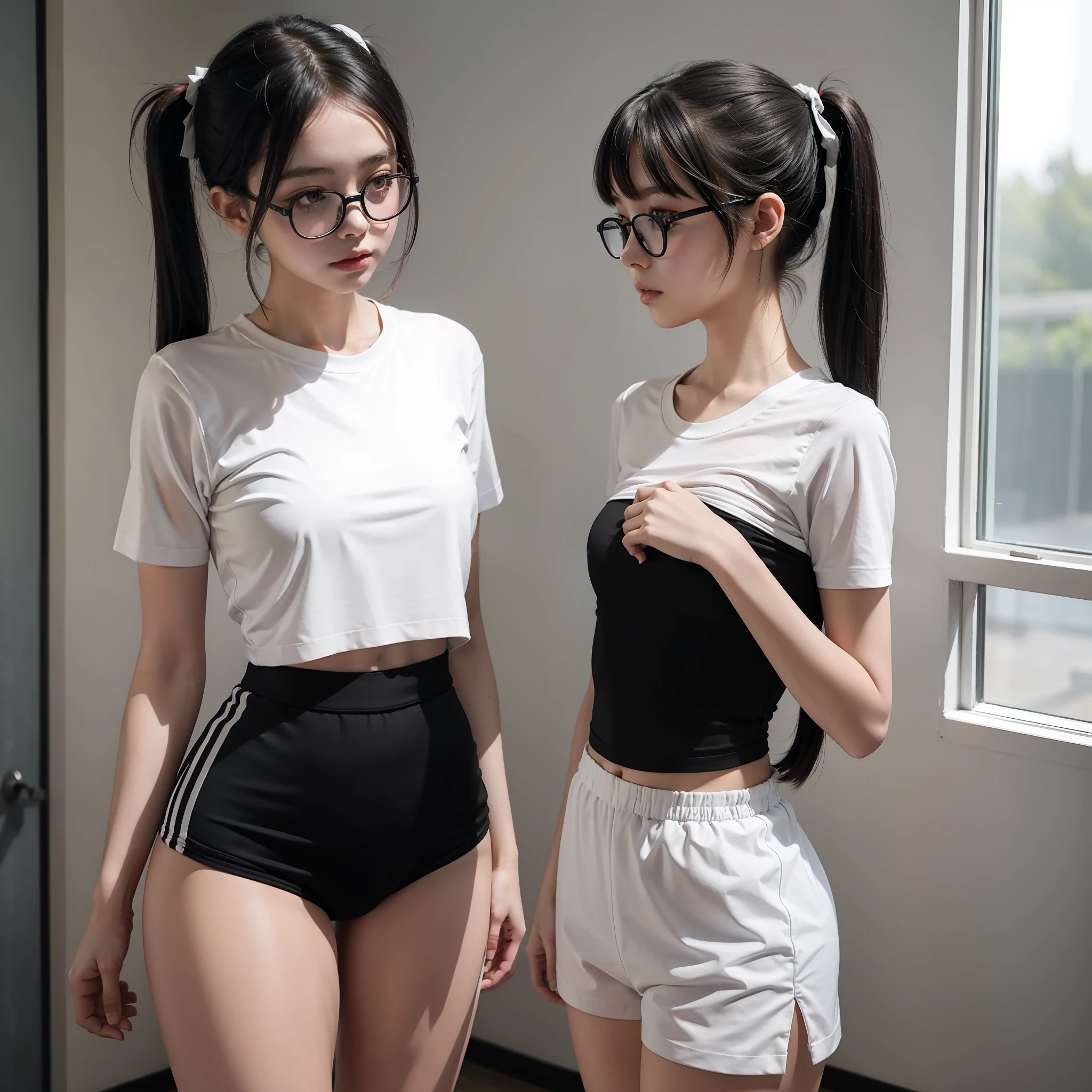 One slender girl, short sleeved shirt in white gym clothes, dark red school bloomers, pigtails, thick black-rimmed glasses, very thin waist, high waist