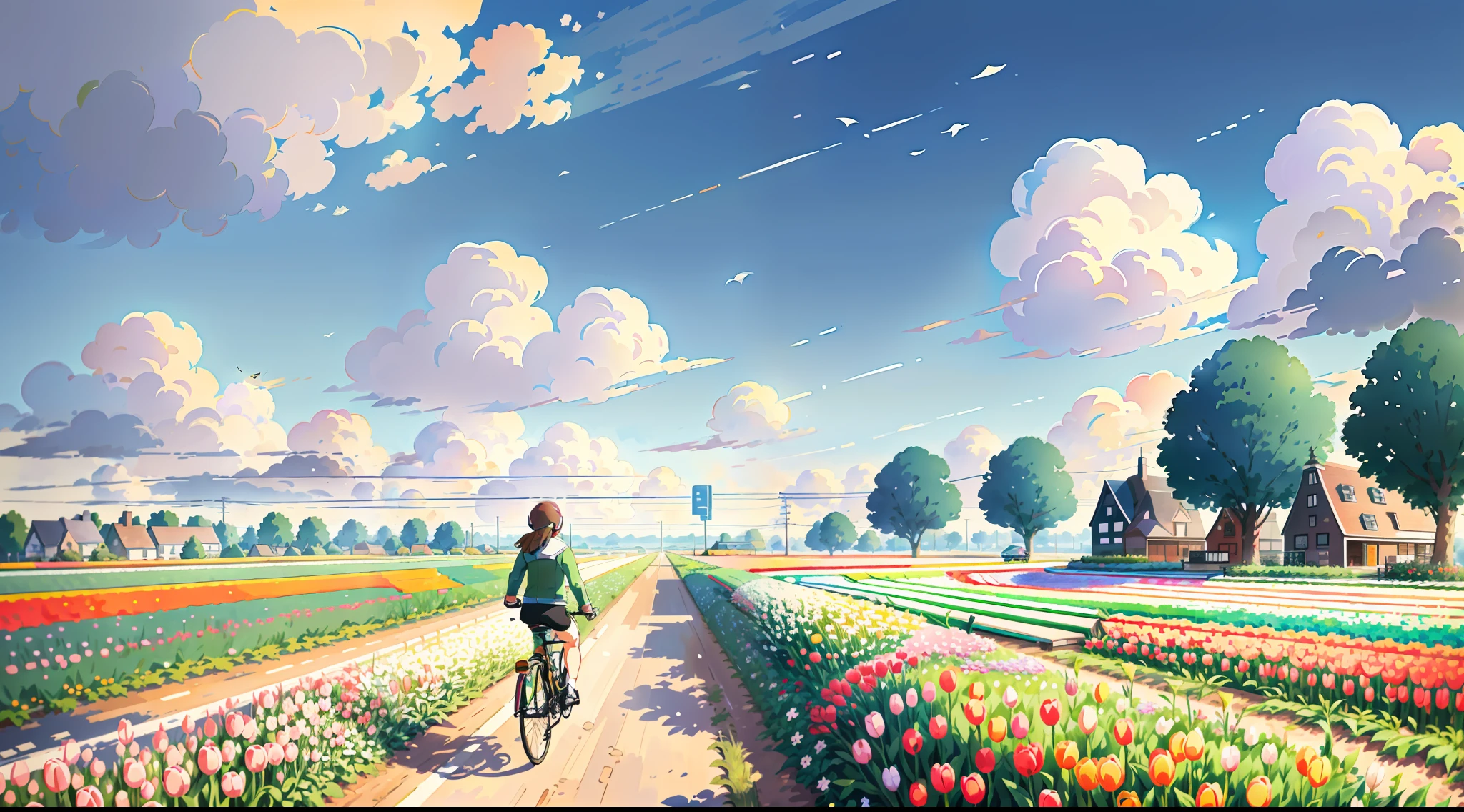 (bike: 1.5), (realistic bike: 1.5), (realistic cyclist: 1.5), back cyclist, netherlands, tulip fields, mills, sun, landscape background, shadows, contrast, makoto shinkai (Best quality: 1.3), (Highres:1) Art by Studio Ghibli Style, Impressionism, Solitude