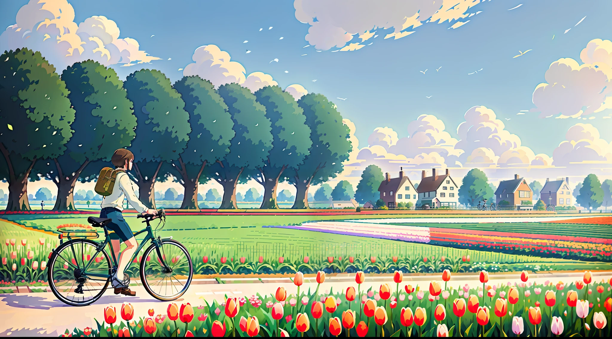 (bike: 1.5), (realistic bike: 1.5), (realistic cyclist: 1.5), back cyclist, netherlands, tulip fields, mills, sun, landscape background, shadows, contrast, makoto shinkai (Best quality: 1.3), (Highres:1) Art by Studio Ghibli Style, Impressionism, Solitude