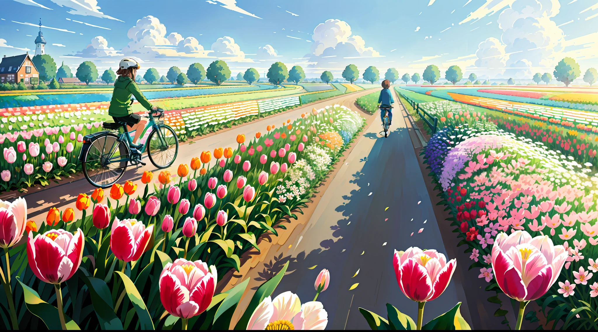 (bike: 1.5), (realistic bike: 1.5), (realistic cyclist: 1.5), back cyclist, netherlands, tulip fields, mills, sun, landscape background, shadows, contrast, makoto shinkai (Best quality: 1.3), (Highres:1) Art by Studio Ghibli Style, Impressionism, Solitude