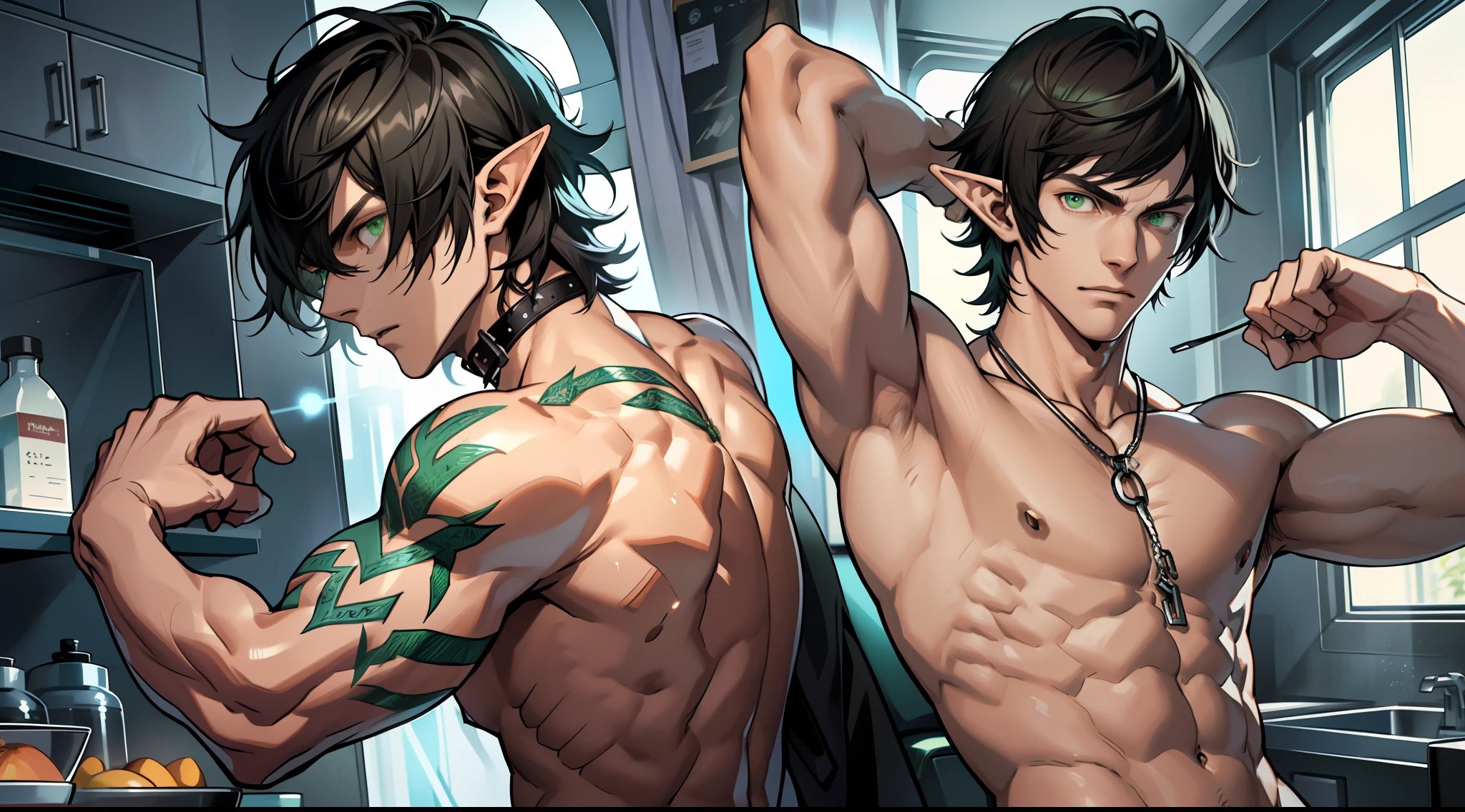 (absurdres, highres, ultra detailed), 1 male, elf adult, handsome, tall slender guy, narrow eyes, narrow shoulders, finely detailed eyes and detailed face, messy shaggy black hair, side bangs, bangs, green eyes, sexy twink, shirtless, final fantasy 14, dog collar, full body shot, backside, back view, submissive expression, hands up, arms up, hands on the way, full back view