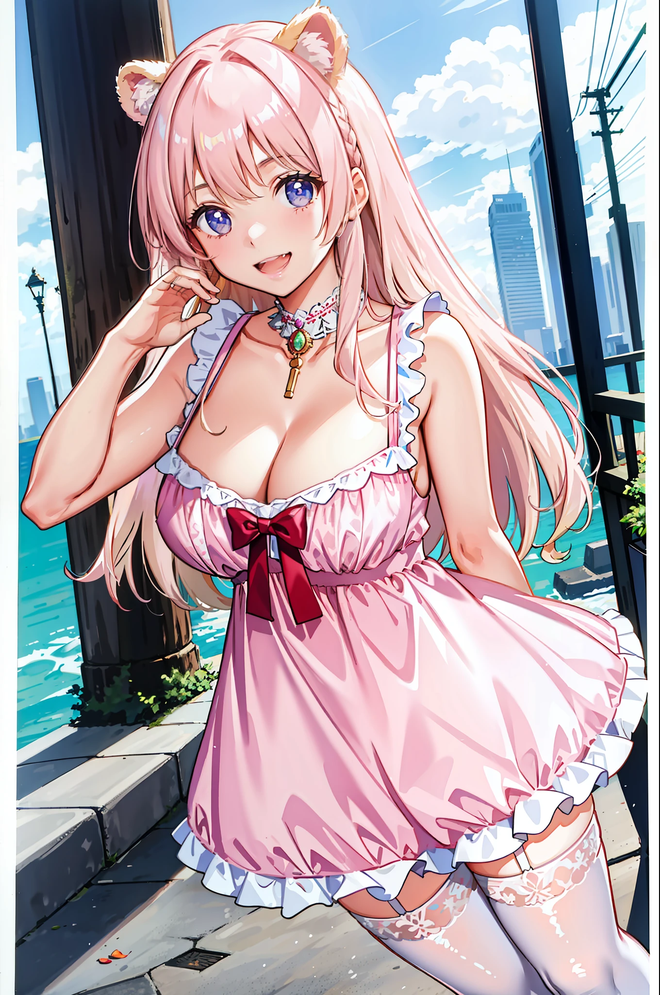 (leaning over:1.4), (masterpiece:1.2, best quality), (real picture, intricate details), 1girl, solo, absurdres, cowboy shot, standing, outdoors, :3, smile, bear girl, bear ears, ((light pink dress)), white thighhighs, platinum blonde hair, gray blue eyes, long hair, strawberry choker, smile, open mouth, one fang, large breasts, cleavage, sleeveless dress, arms behind back,