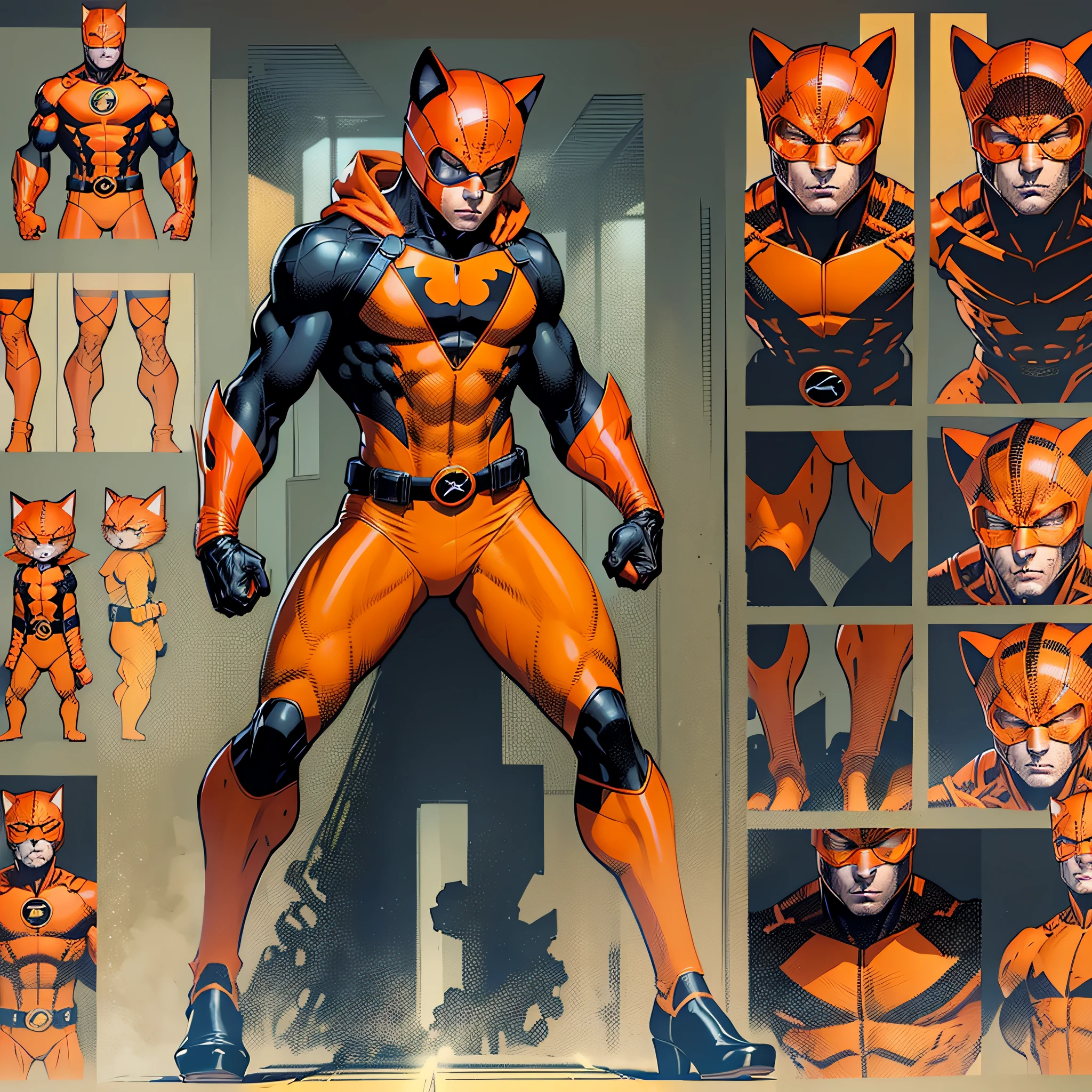 Beautiful young man of 22 years,orange mask with feline ear,orange brusa,black long sleeves,orange glove,orange belt,black pants,orange boot,Super Hero,full body,t pose,reference sheet