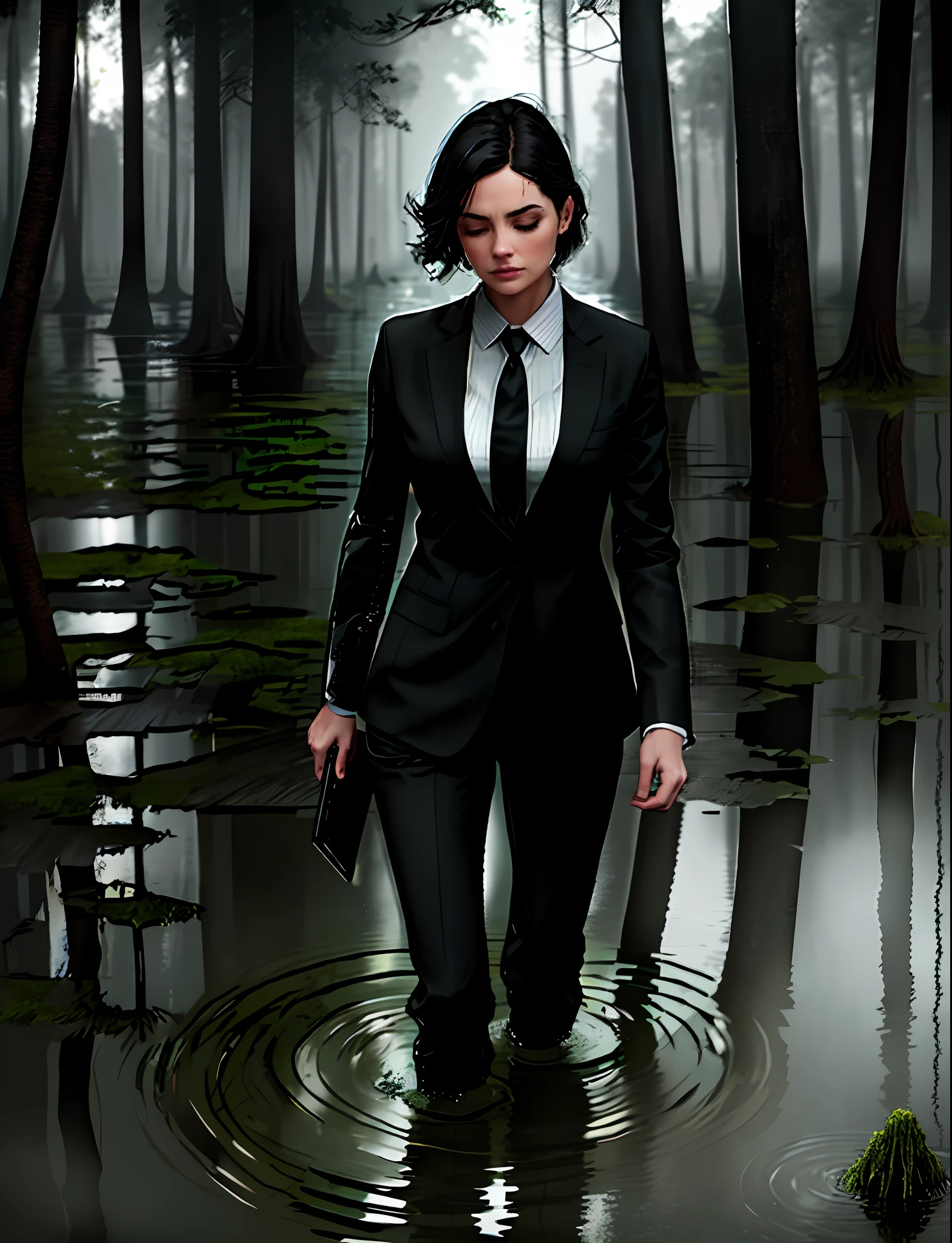 A tired beautiful woman wearing a black suit and tie, holding a briefcase, walking in a flooded mossy swamp, waist-deep water