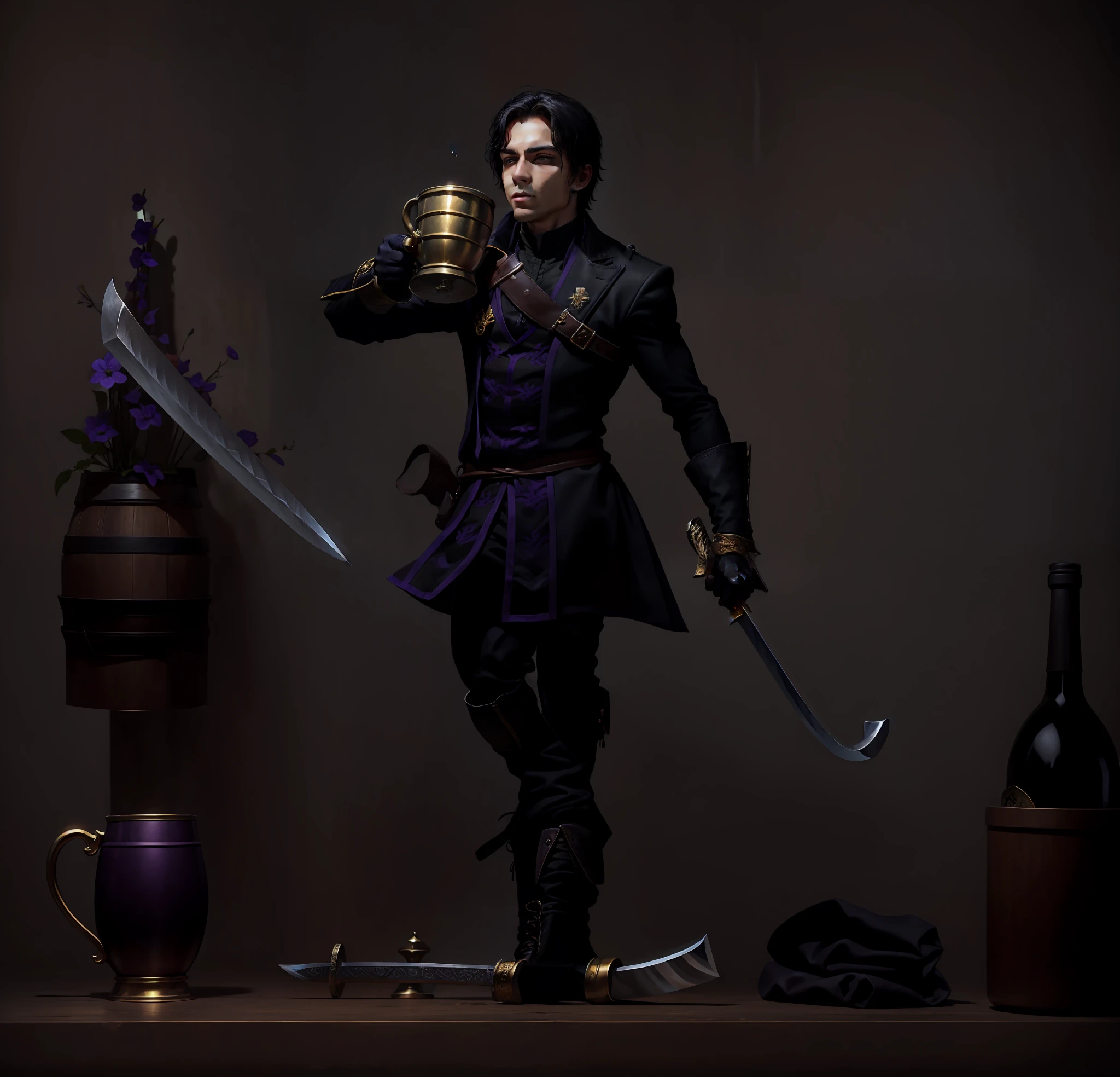 Young man, handsome face, teenager, white skin, lips dirty with wine, straight black hair stuck, noble clothes of black and violet fabric with golden cufflinks, wears leather gloves and high-top leather boots, is holding a metal mug with wine pouring, there is a sheath for his sword at the waist, he holds a silver scimitar in his hand,  is in a fighting position inside a castle