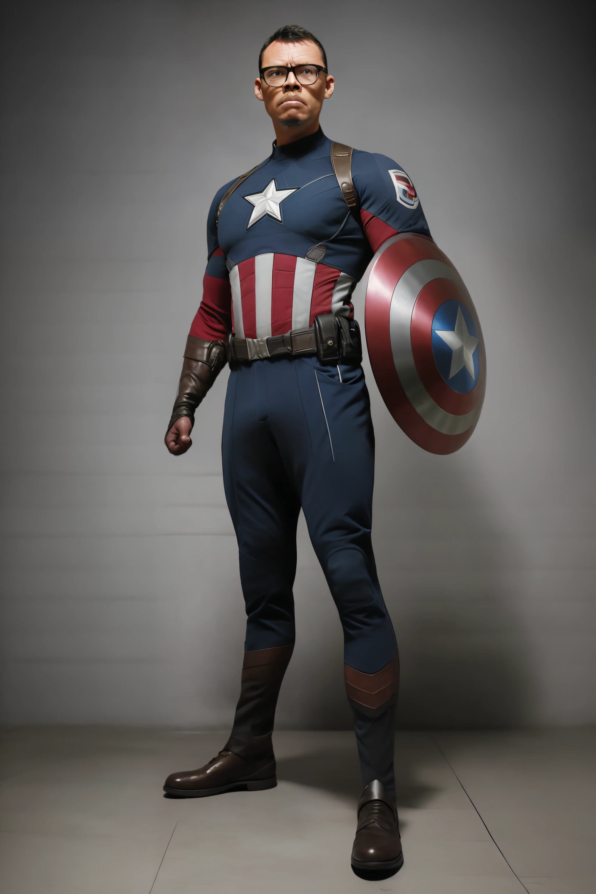 guttonerdvision5, bespectacled man wearing Captain America's suit and shield, 8k, high definition, detailed face, detailed eyes, detailed clothing, Marvel style, hyper-realistic, + cinematic shot + dynamic composition, incredibly detailed, sharpness, detail + superb details + night with light + perfectionism + award-winning realism ((soft lighting))