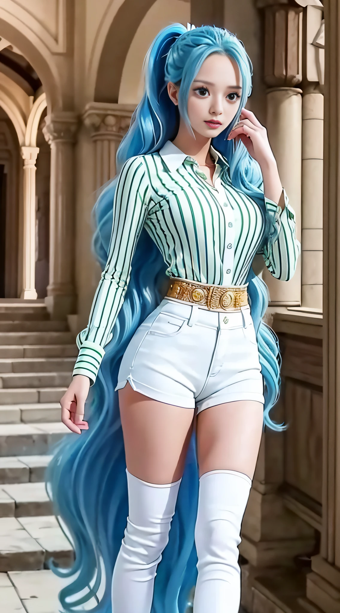 masterpiece, best quality,8k,highestres, absurdres, extremely detailed, nefertari vivi, 1 girl, solo, looking at viewer, long wavy light blue hair, with two locks hanging down, one on either side of her head, which started out at about chin-length, She most often wears her hair pulled back into a ponytail, and brown eyes, (she wears a light green long-sleeve shirt with blue lines, white shorts, and white boots), full body shot, (castle background),///,