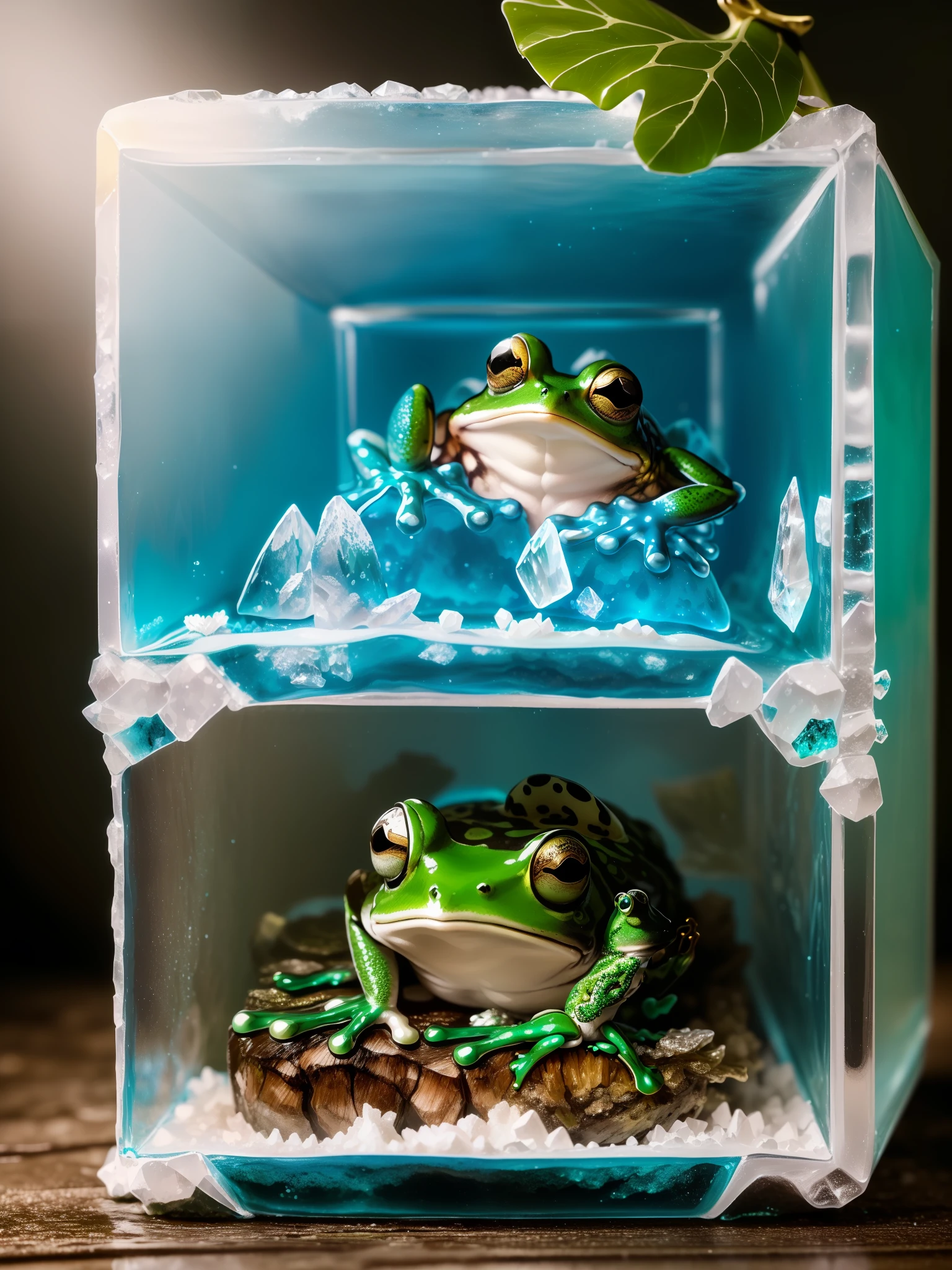 there are two frogs in a box with water inside of it, frog themed, frogs, resin and clay art, highly detailed sculpey diorama, on a throne of crystals, frog perspective, amphibians, resin art, underwater frog perspective, clown frog king, toads, miniature frog, diorama macro photography, detailed acrylic, acrylic art, stunningly detailed