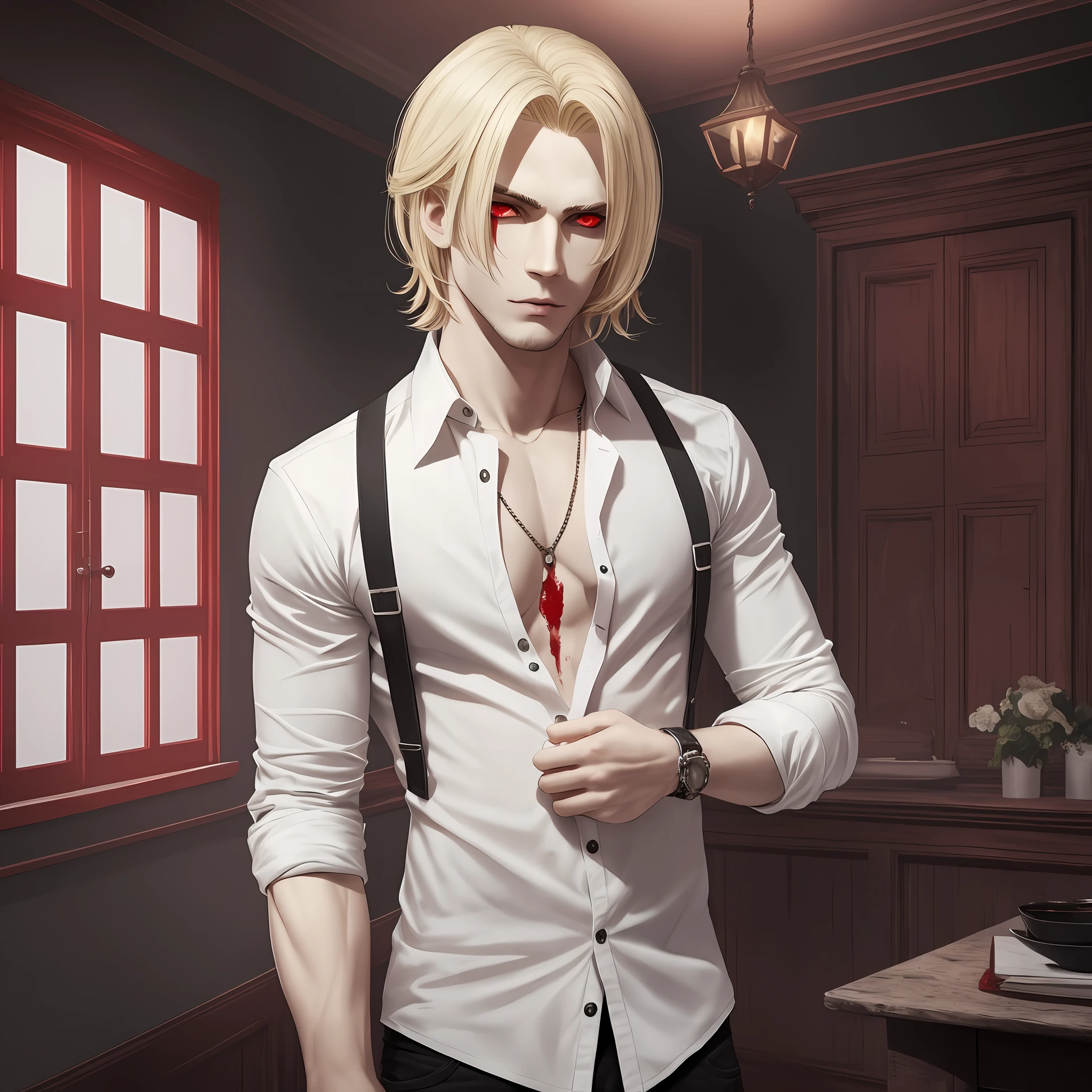 Man white skin, blond hair and seductive. With red eyes and blood dripping from his lips. No blouse and black jeans. He's in a haunting house. --auto --s2