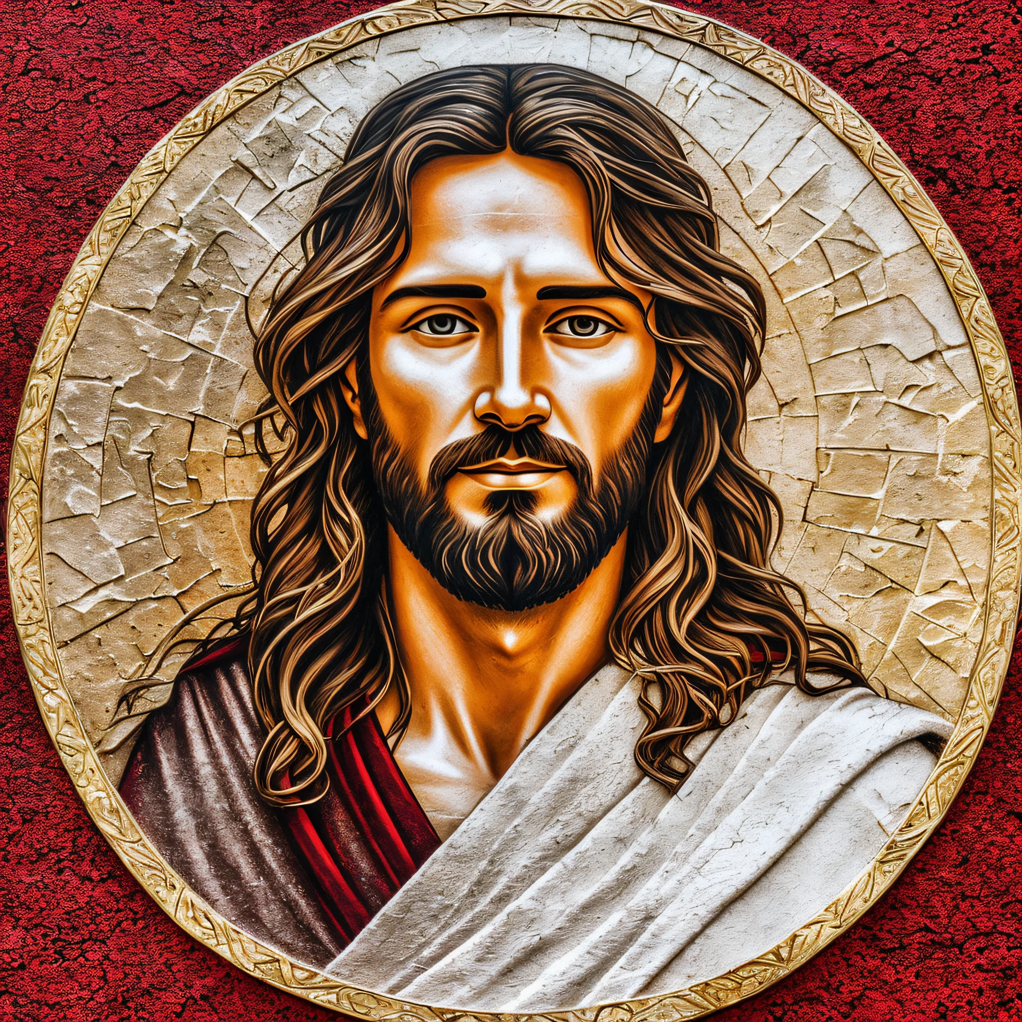 create image of Jesus Christ, only the face, local background on top of a mountain of Jerusalem at the time, with white and red robe, clear sky and with 4k moon --auto --s2