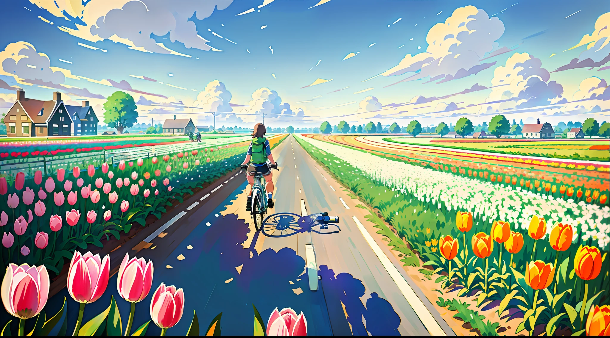 (bike: 1.5), (realistic bike: 1.5), (realistic cyclist: 1.5), back cyclist, netherlands, tulip fields, mills, sun, landscape background, shadows, contrast, makoto shinkai (Best quality: 1.3), (Highres:1) Art by Studio Ghibli Style, Impressionism, Solitude
