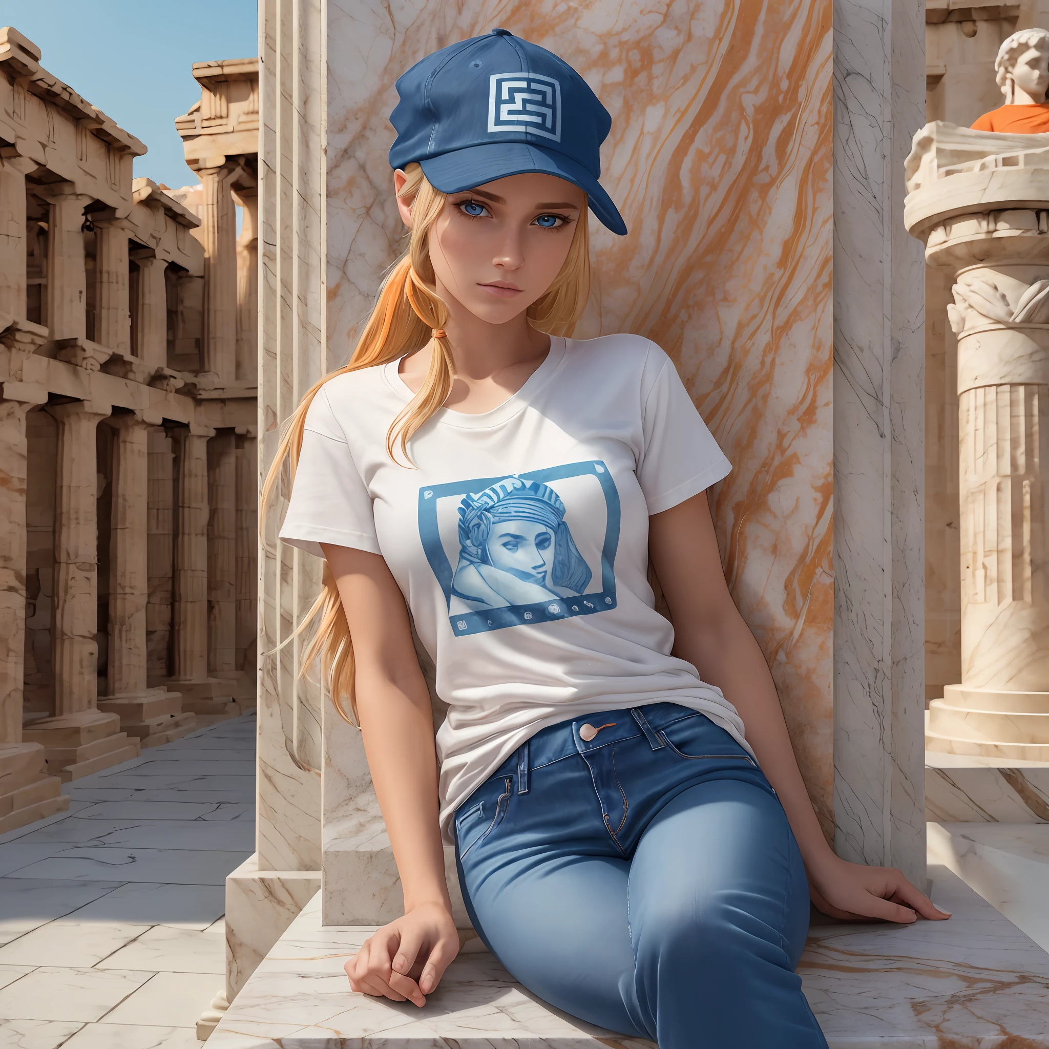 (4k), (realistic), (very detailed),(Female teenager, blonde hair tied back, blue eyes), (orange T-shirt and long jeans, has a dark blue cap on her head). (it's in front of a Greek marble statue). T-shirt is orange --auto --s2