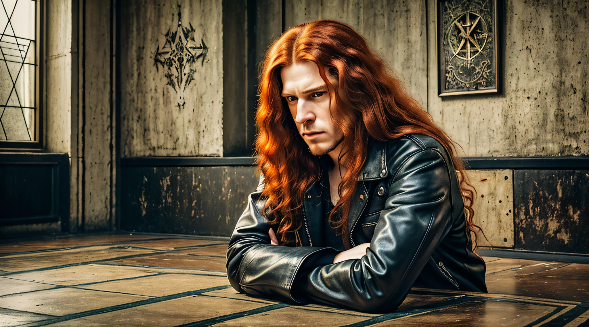 man with long red hair and a leather jacket praying, megadeth, masterful art, rip, cult leader, heaven on earth, an amazing photo, he is wearing a black t-shirt, wonderful masterpiece, masterpiece, high quality image, album, robert plant, masterpiece artwork, "loss of inner self, badass composition, flowing ginger hair, music