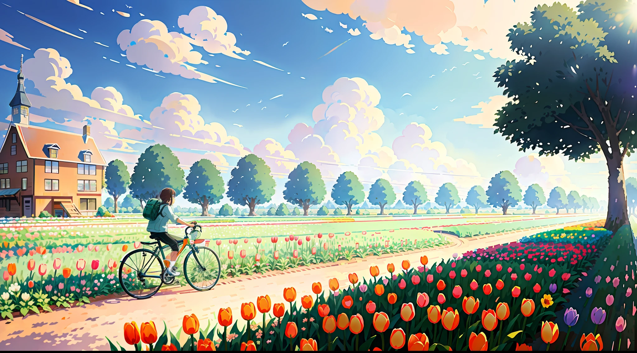 (bike: 1.5), (realistic bike: 1.5), (realistic cyclist: 1.5), back cyclist, netherlands, tulip fields, mills, sun, landscape background, shadows, contrast, makoto shinkai (Best quality: 1.3), (Highres:1) Art by Studio Ghibli Style, Impressionism, Solitude