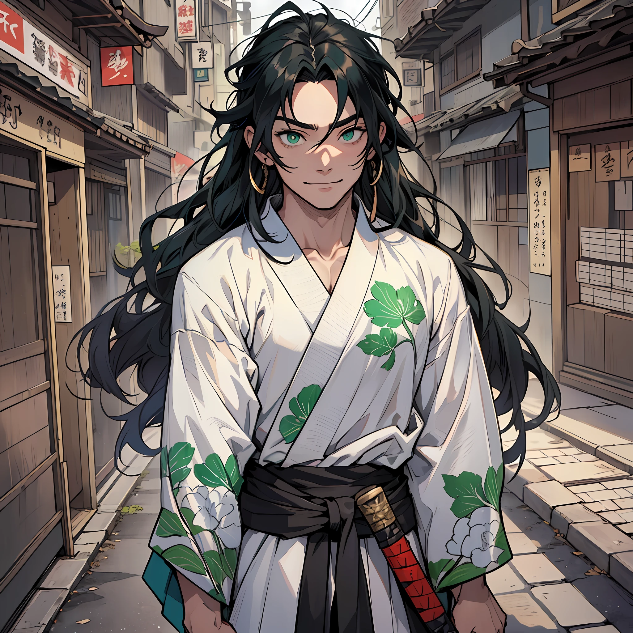 ((best quality)), ((ultradetailed)), ((masterpiece)), best quality (katana: 1.4), serious,(at night: 1.4), a -yeld whas his long black hair, which goes up to his waist. Your hair is thick and has a healthy appearance, your hair is long and not stuck, contrasting with your fair skin. The young man's eyes are emerald green, and are deep, expressive, and intense like two clear pearls. They reflect calm and an inquisitive curiosity. He has a big smile on his face and a watchful eye. With his upright posture, the young man shows a confident bearing and a cheerful and hyperactive aura. He wears a white kimono with green clouds, made of a quality fabric. giving him the look of a swordsman. At his waist, he carries a white katana with gray details on the blade. The long, sharp blade is made of polished steel, its coloration is white, and it is reflecting light. He is in an ancient Japanese city.  He has a cheerful face. Kimetsu no Yaiba style, alone, 1boy, demon slayer style, loose hair, petulant look, smiling, confident, only 1, spilled hair, loose and big hair, demon slayer artstyle