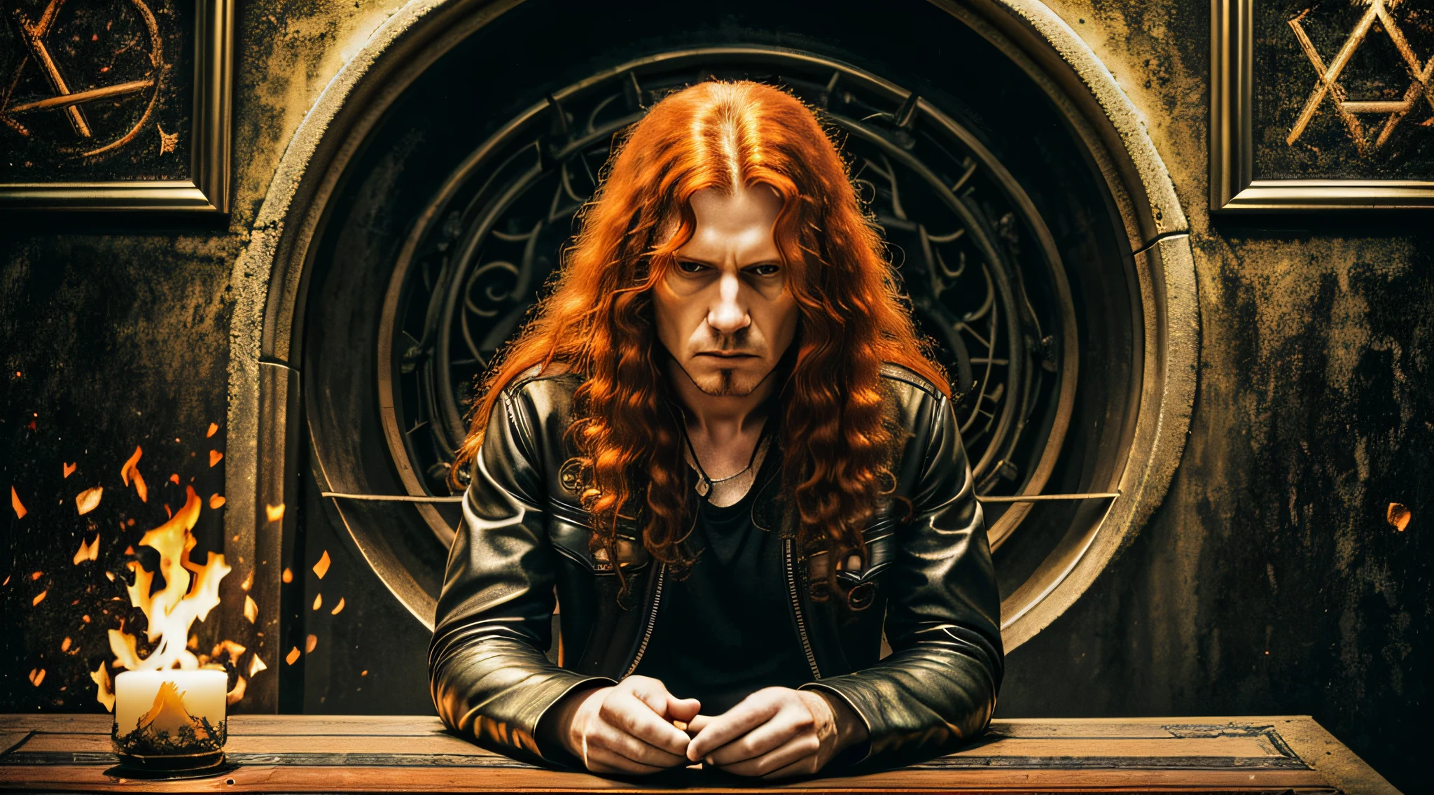 man with long red hair and a leather jacket praying, megadeth, masterful art, rip, cult leader, heaven on earth, an amazing photo, he is wearing a black t-shirt, wonderful masterpiece, masterpiece, high quality image, album, robert plant, masterpiece artwork, "loss of inner self, badass composition, flowing ginger hair, music
