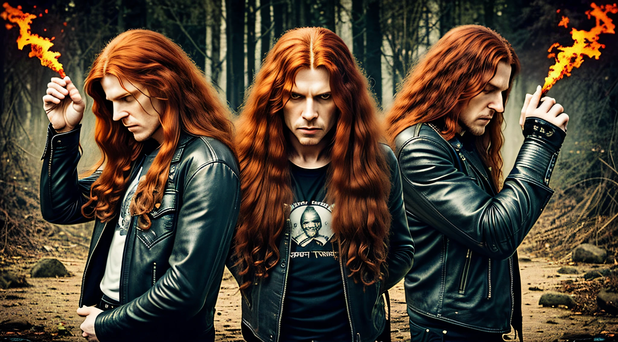 man with long red hair and a leather jacket praying, megadeth, masterful art, rip, cult leader, heaven on earth, an amazing photo, he is wearing a black t-shirt, wonderful masterpiece, masterpiece, high quality image, album, robert plant, masterpiece artwork, "loss of inner self, badass composition, flowing ginger hair, music