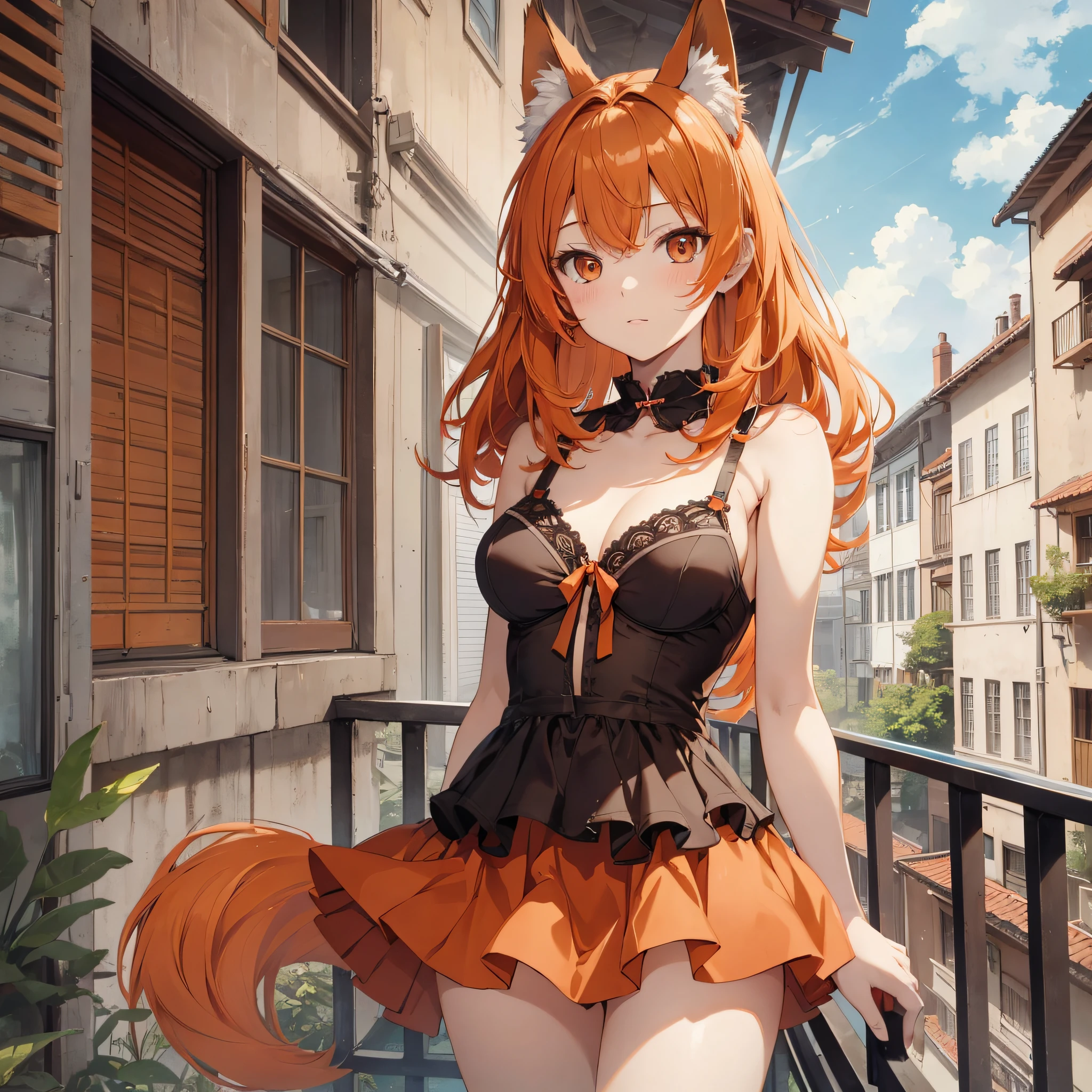 Absurd, masterpiece, high quality, highly detailed, 1girl, lifeland, fox girl, orange hair, short dress, underwear, bra and panties, standing, shoulders exposed, legs crossed, arms to shoulders, backyard, balcony, manga style --auto --s2