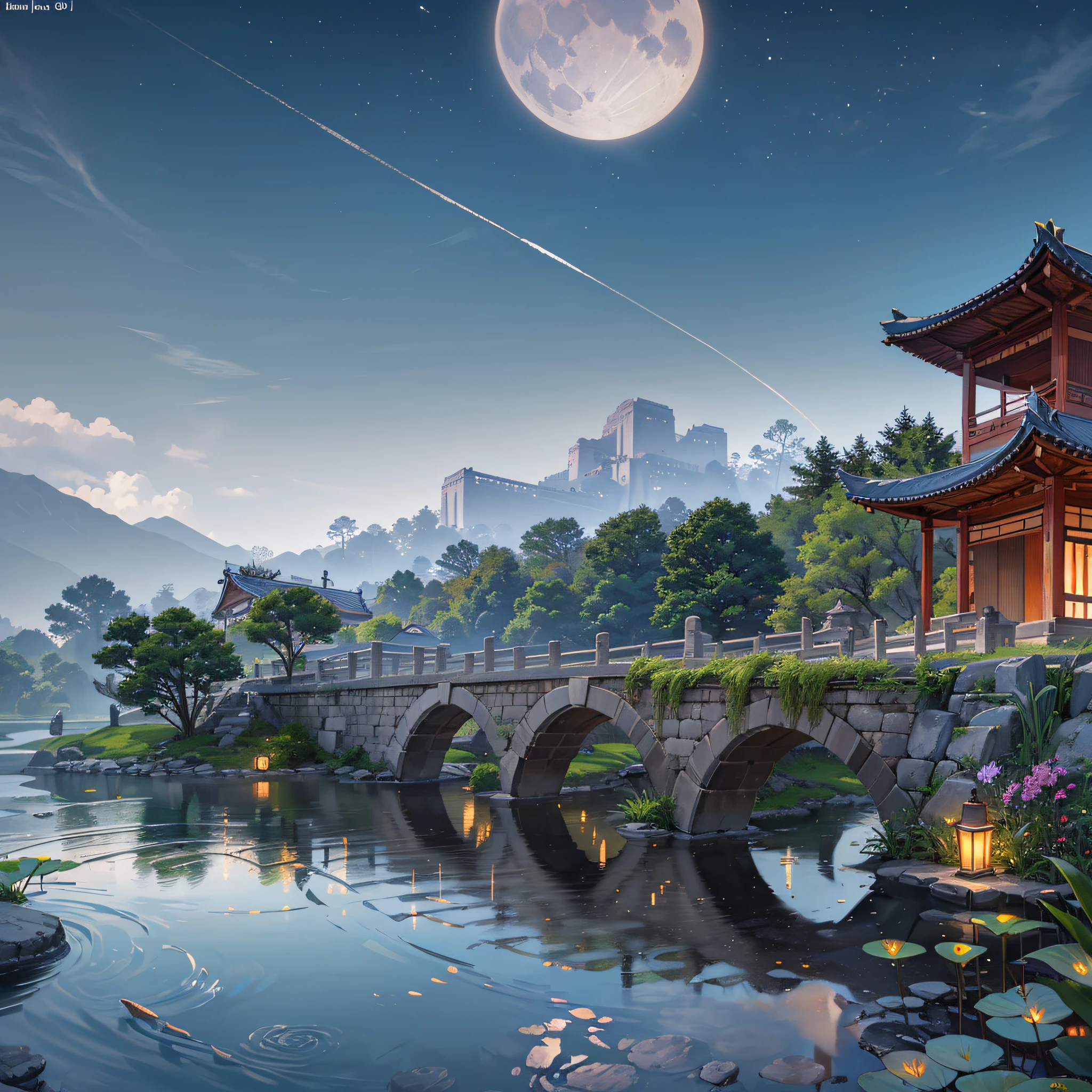16:9 Full image, ancient chinese architecture, moon cloud, night, garden, bamboo, lake, stone bridge, ornamental garden, arch, corner, ornamental garden, tree, running water, landscape, outdoor, waterfall, grass, rock, water lily, hot spring, water vapor, (Illustration: 1.0), Epic composition, Detail enhancement, Detail enhancement. Realistic lighting, FULL HD details, masterpiece, best quality, (8k wallpaper of very detailed CG unit), (best quality) --auto --s2