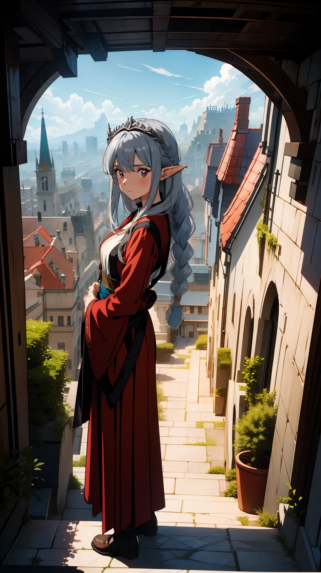Overlooking the city, close up of one girl, elf princess, silver hair, red eyes, braid, medieval style dress, concept art, beautiful anime scene, beautiful anime landscape, top rated on pixiv, best quality, 4K