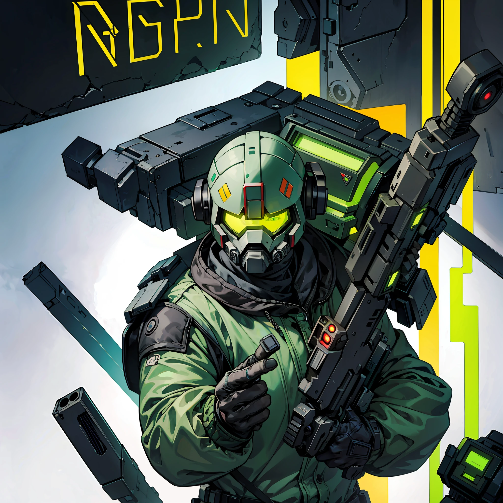 Isometric view of a hyper-realistic futuristic cyberpunk soldier with MF DOOM Rapper mask, green skin on yellow spot