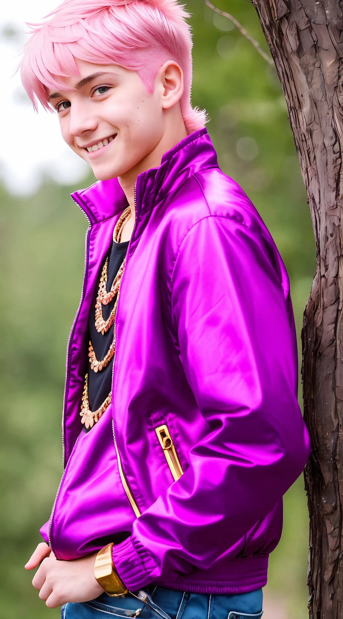 Arafed man with a yellow jacket and a gold necklace, about 16 years, 17 years, 1 6 years, profile picture, tommy 1 6 years, 16 - year - boy skinny face, headshot profile picture, profile picture, he is about , he is about 15 years oldir: 1.5)), ((smiling: 1.9)), ((sharp blue eye: 1.9)), ((short hair: 1.9)), ((low quality)), ((front photo)), ((nature background)),