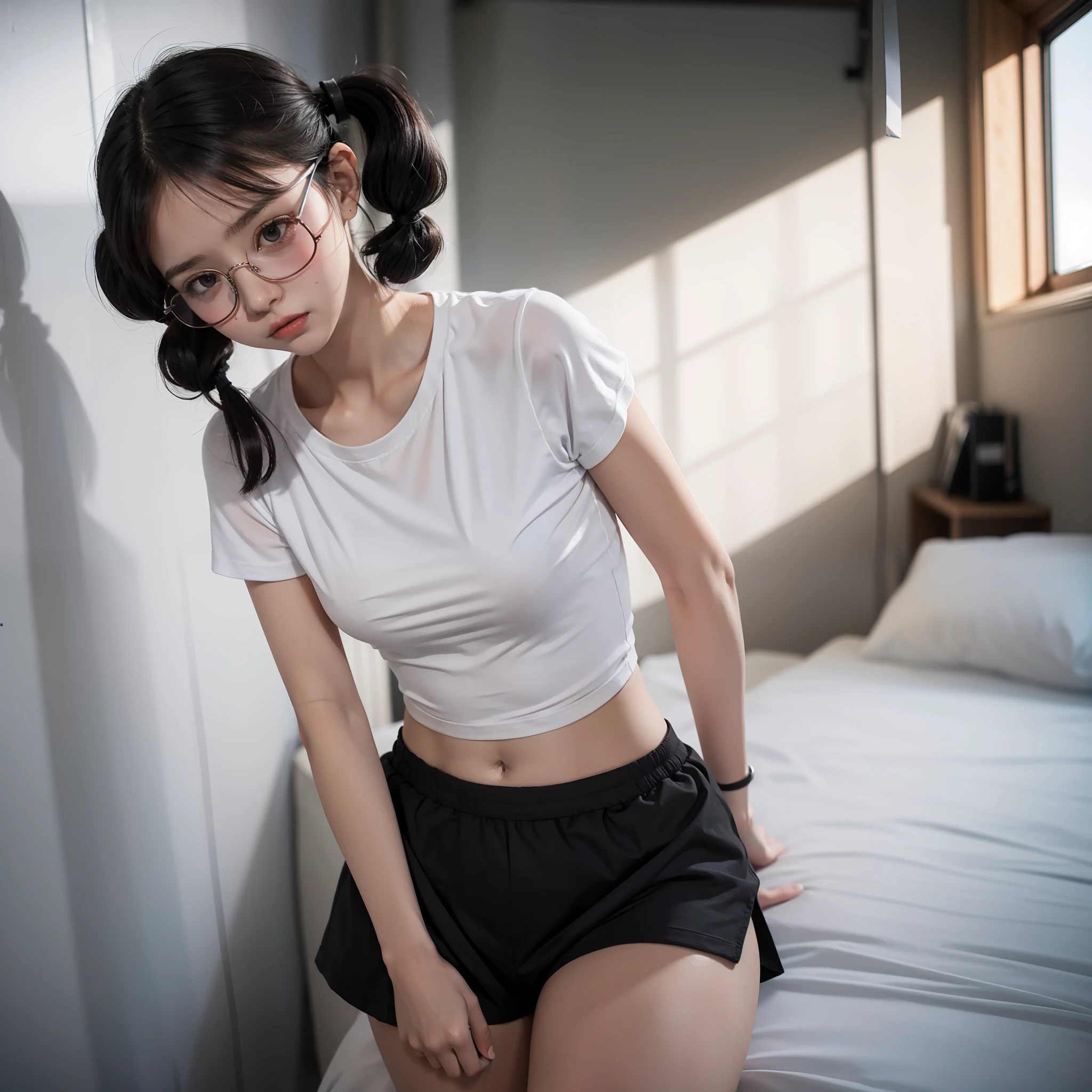 One slender girl, a short-sleeved shirt in white gym clothes, dark red school bloomers, pigtails, thick black-rimmed glasses, a very thin waist,