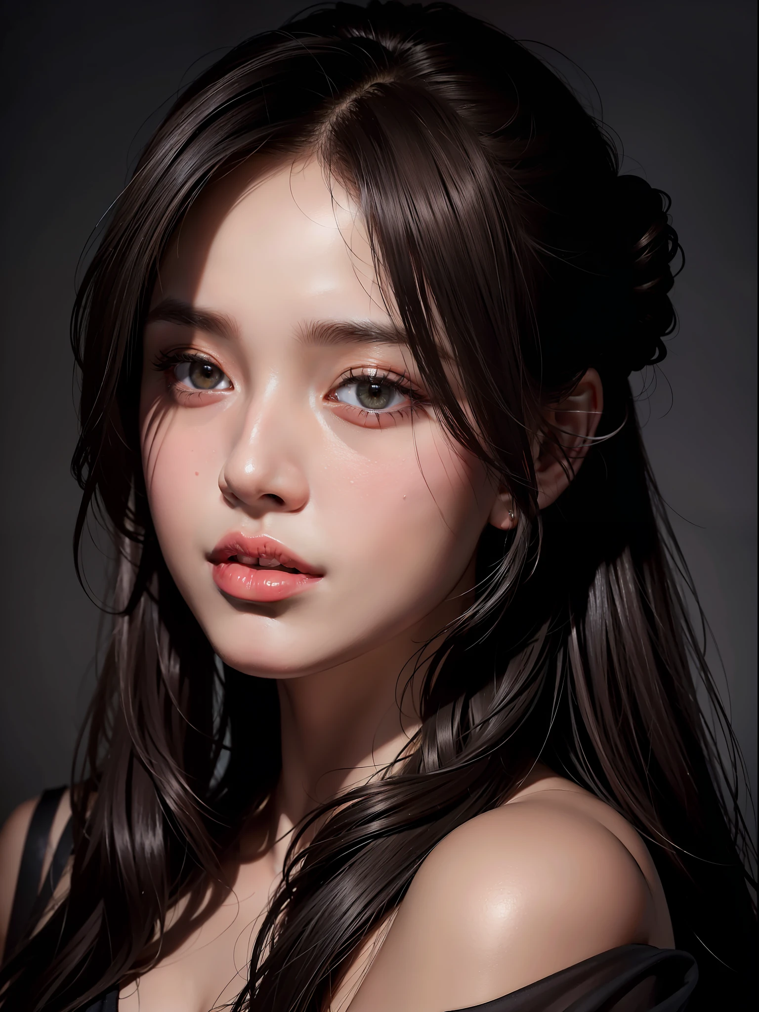 Best quality, masterpiece, ultra high res, (photorealistic:1.4), raw photo, 1girl, offshoulder, in the dark, deep shadow, low key, cold light