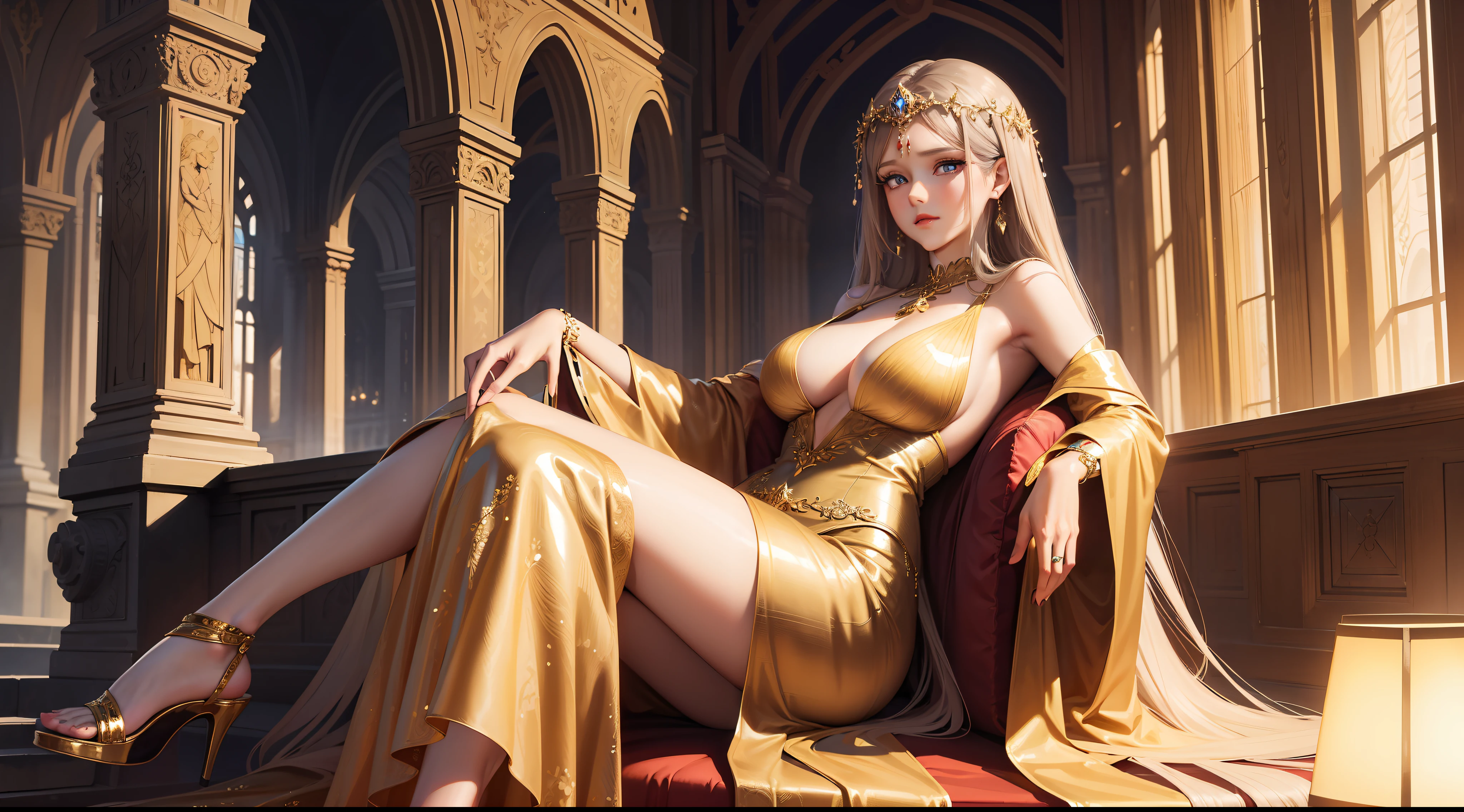 (masterpiece, best quality, 8k, best wallpaper), 1girl, mature female, charming woman, fantasy goddess, crossing legs, detailed shining eyes, beautiful face, stunning long dress, detailed and glorious pattern, cinematic lighting, vivid colours, long flowing hair, detailed building,