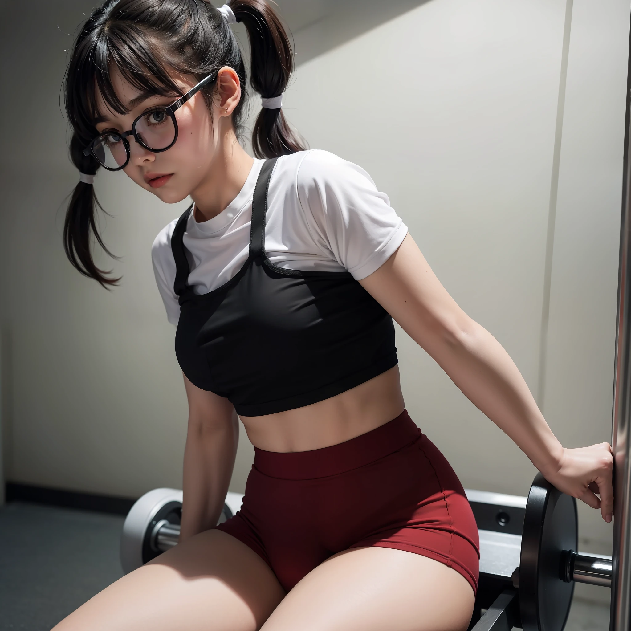 One girl, short sleeved shirt in white gym clothes, dark red school bloomers, pigtails, thick black-rimmed glasses