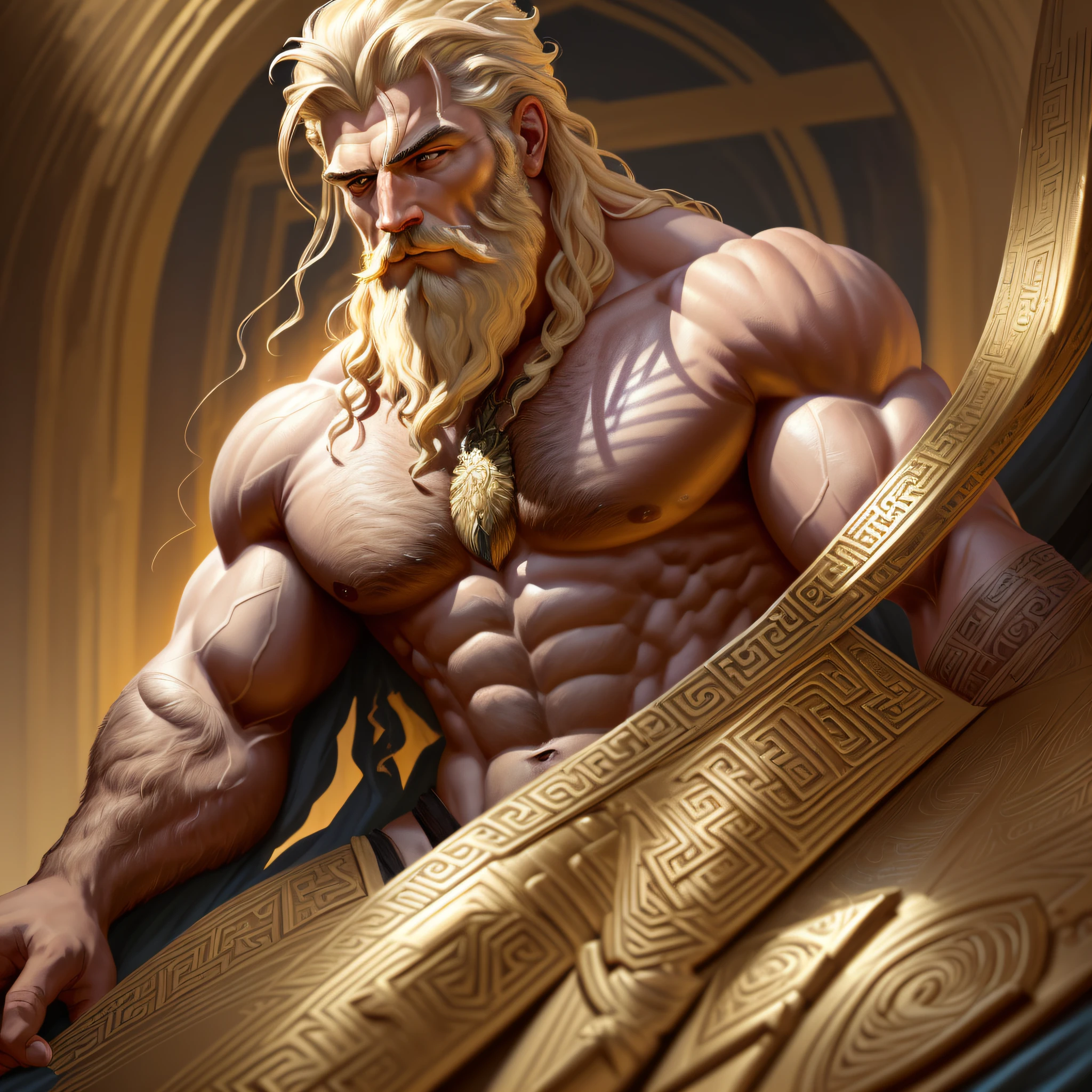Painted portrait of zeus robust, god of thunder, greek god, blond hair, masculine, mature, beautiful, upper body, muscular, hairy torso, fantasy, intricate, elegant, highly detailed, digital painting, art station, concept art, smooth, sharp focus, illustration, art by gaston bussiere and alphonse mucha 2440x1480