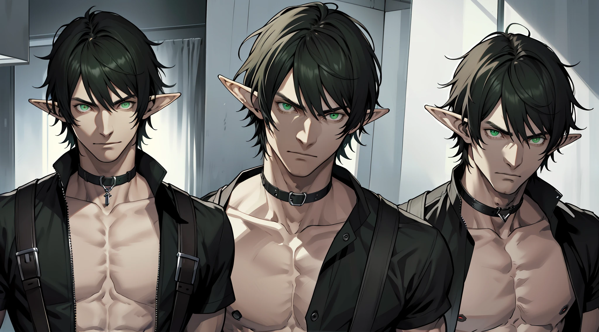 (absurdres, highres, ultra detailed), (1 solo male) 1 male, elf adult, handsome, tall slender guy, narrow eyes, narrow shoulders, finely detailed eyes and detailed face, messy shaggy black hair, side bangs, bangs, green eyes, sexy twink, shirtless, final fantasy , dog collar, full body shot, submissive expression, bad boy, naughty expression