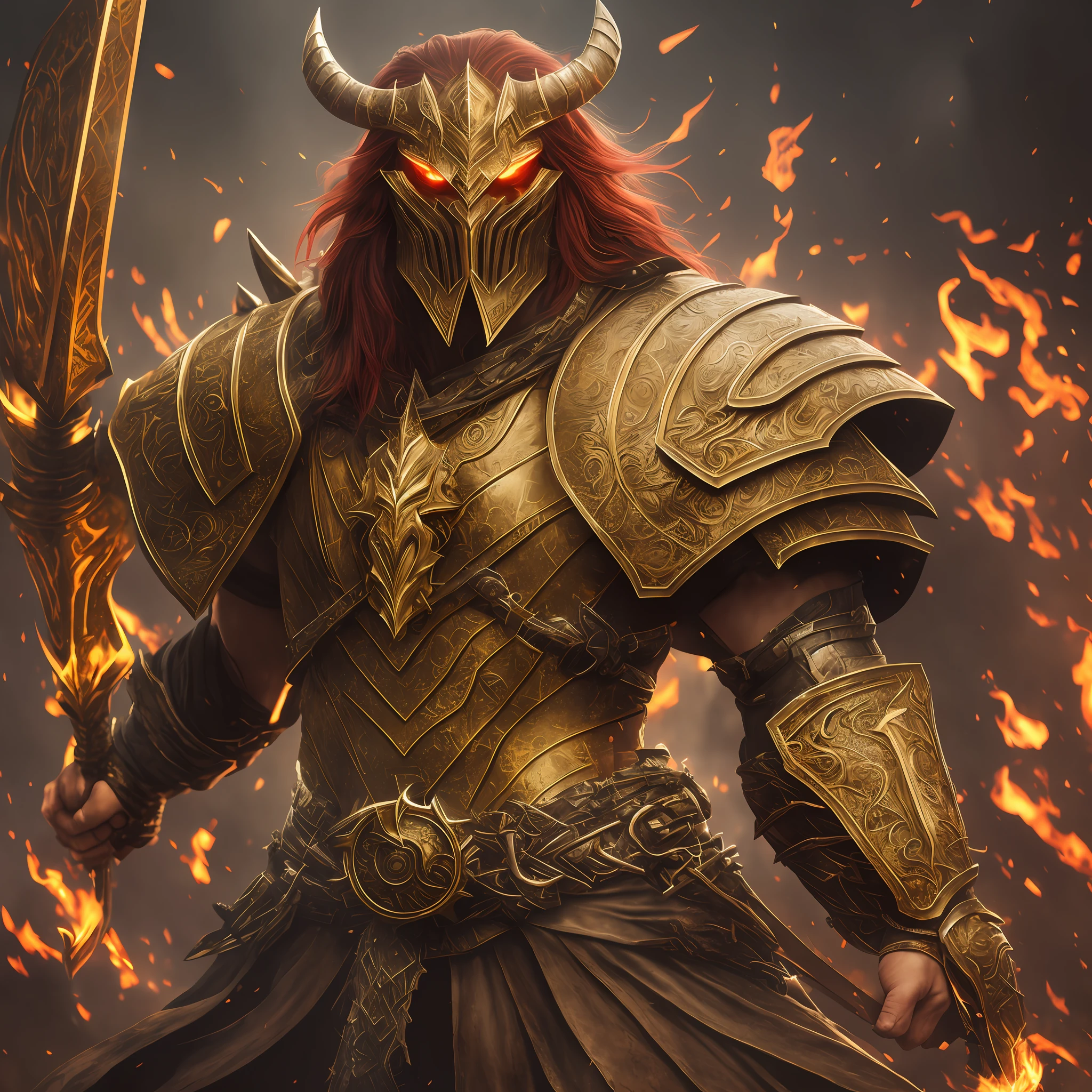 Gold armor, berserker potrait, male barbarian, fantasy art, From his look alone enemies starting to panic, one head,devilish smile, Hell beast, demon, white-fire Sky, warrior, with scythe and shield, beutiful, men, Werelion, long braided red Hair, glowing gold eyes, realisitic, highly detailed, Unreal Engine, 8k-upscale --auto --s2