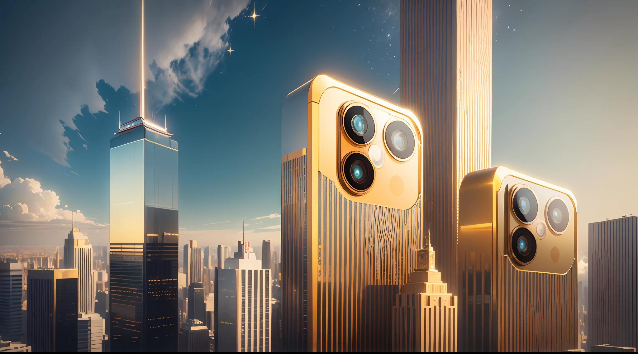 A gigantic iPhone 14 ProMax at a height of 10,000 feet is found between skyscrapers.Golden cover.Golden background.Realistically detailed.Detailed iPhone Logo CGI 8k resolution. --auto --s2