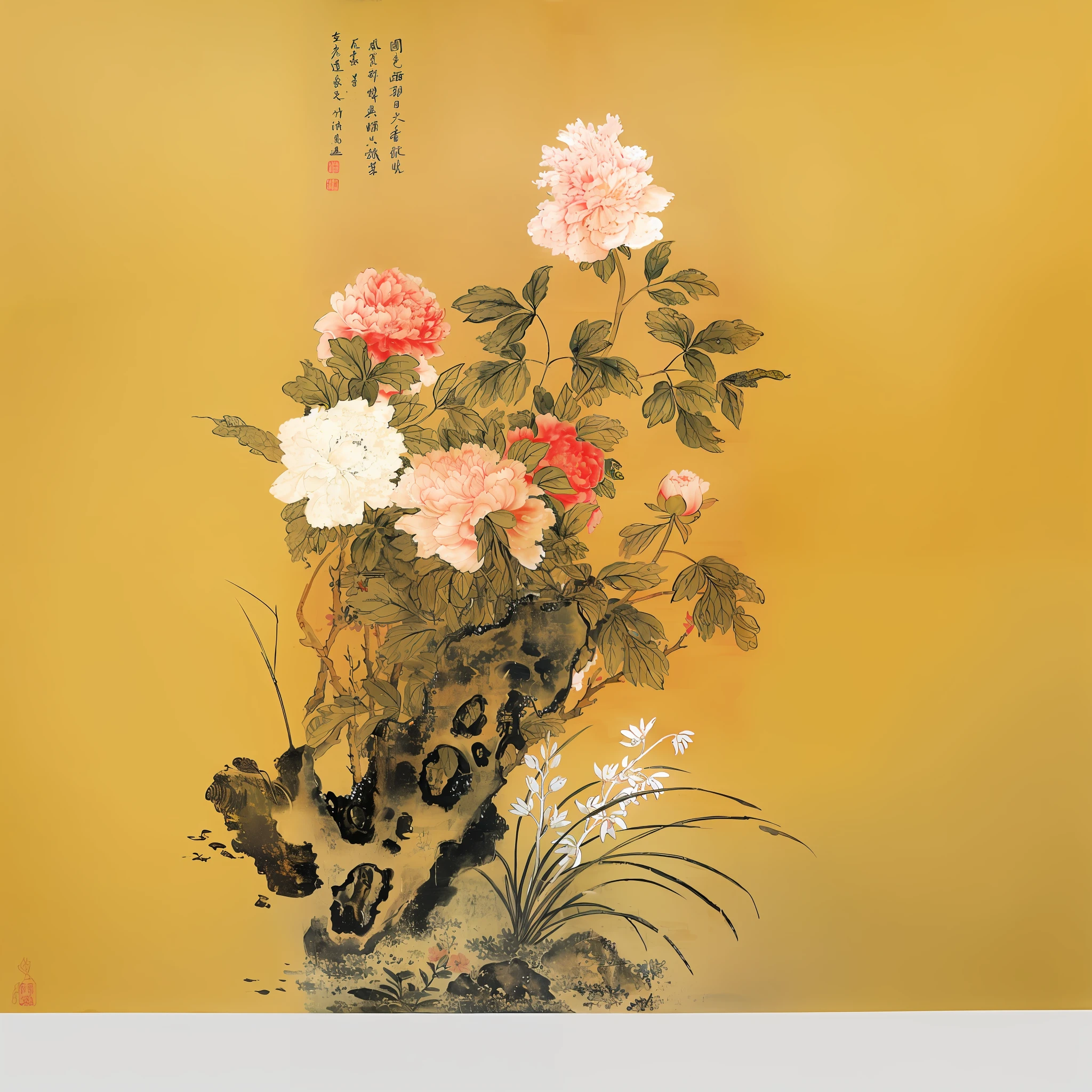 there is a painting of flowers on a yellow background, traditional chinese painting, traditional chinese art, song dynasty, by Gu An, chinese painting style, chinese art, qing dynasty, chinese style painting, by Tang Di, ancient china art style, chinese painting, style of guo hua, by Li Di, by Ma Yuanyu, qing dynasty painting