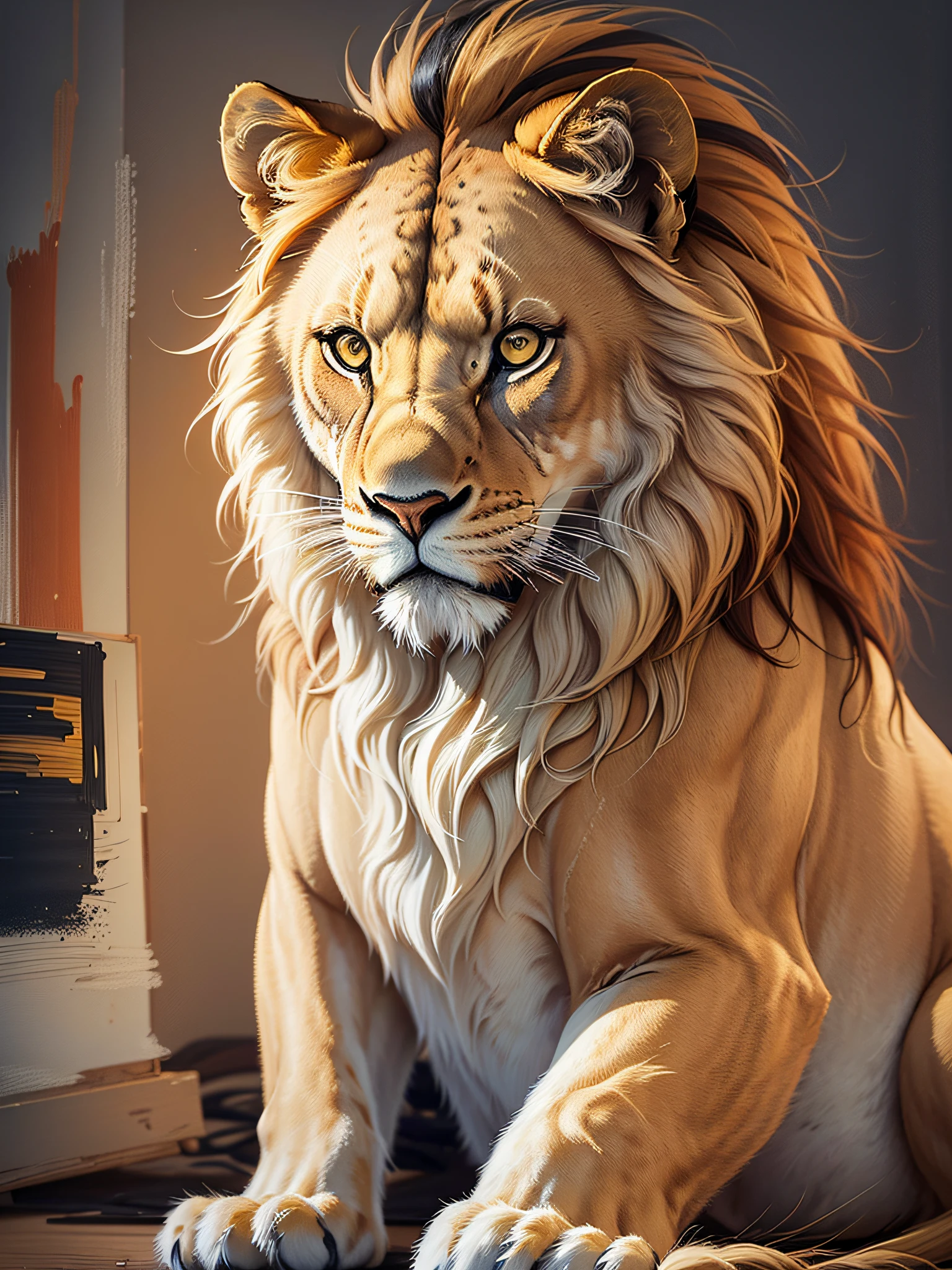 selecting a wide and sturdy brush, allowing for energetic and determined brushstrokes. Use vibrant and intense colors, such as shades of yellow-orange, red, and brown, to create contrast and convey the strength of the animal. Don't worry about adhering strictly to precise outlines, as the goal is to capture the essence and energy of the lion.
Employ loose brushstrokes and visible textures to add dimension and movement to the painting. Opt for short and directional brushstrokes, imparting dynamism to the image. Don't be afraid to explore different angles and viewpoints, as post-impressionism values personal interpretation and emotional expression.
Remember to convey the lion's personality through your painting, emphasizing its majestic and untamed presence. Don't be confined by realistic conventions; instead, embrace the artistic freedom that the post-impressionist style affords. Paint Like post-impressionism van gogh style --auto --s2