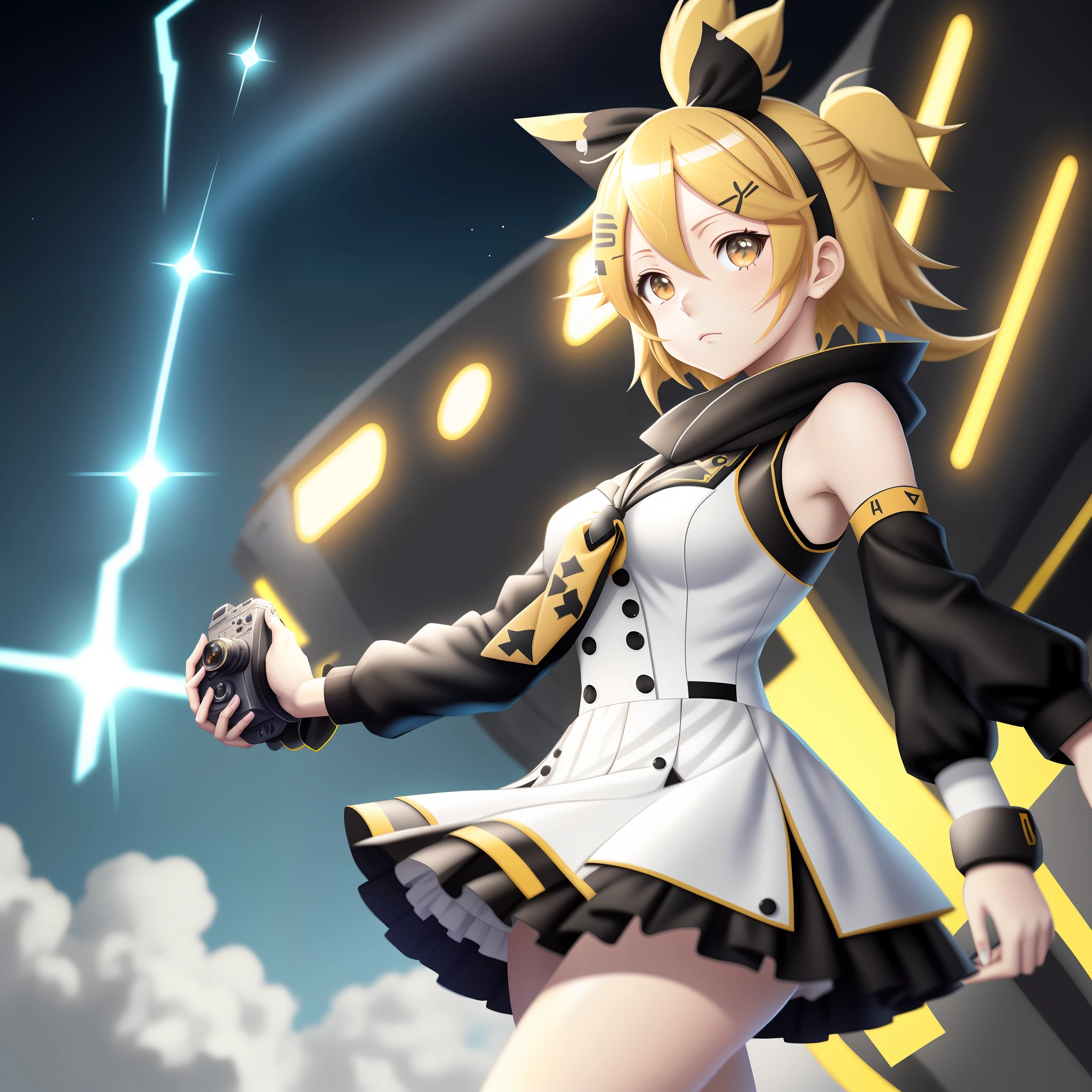 Kagamine rin , vocaloid , anime girl with camera and camera in hand and a camera in her hand, splash art anime , anime style 4 k, detailed key anime art, key anime art, azur lane style, best anime 8k wallpaper, from the azur lane videogame, anime visual of a cute girl, kagamine rin