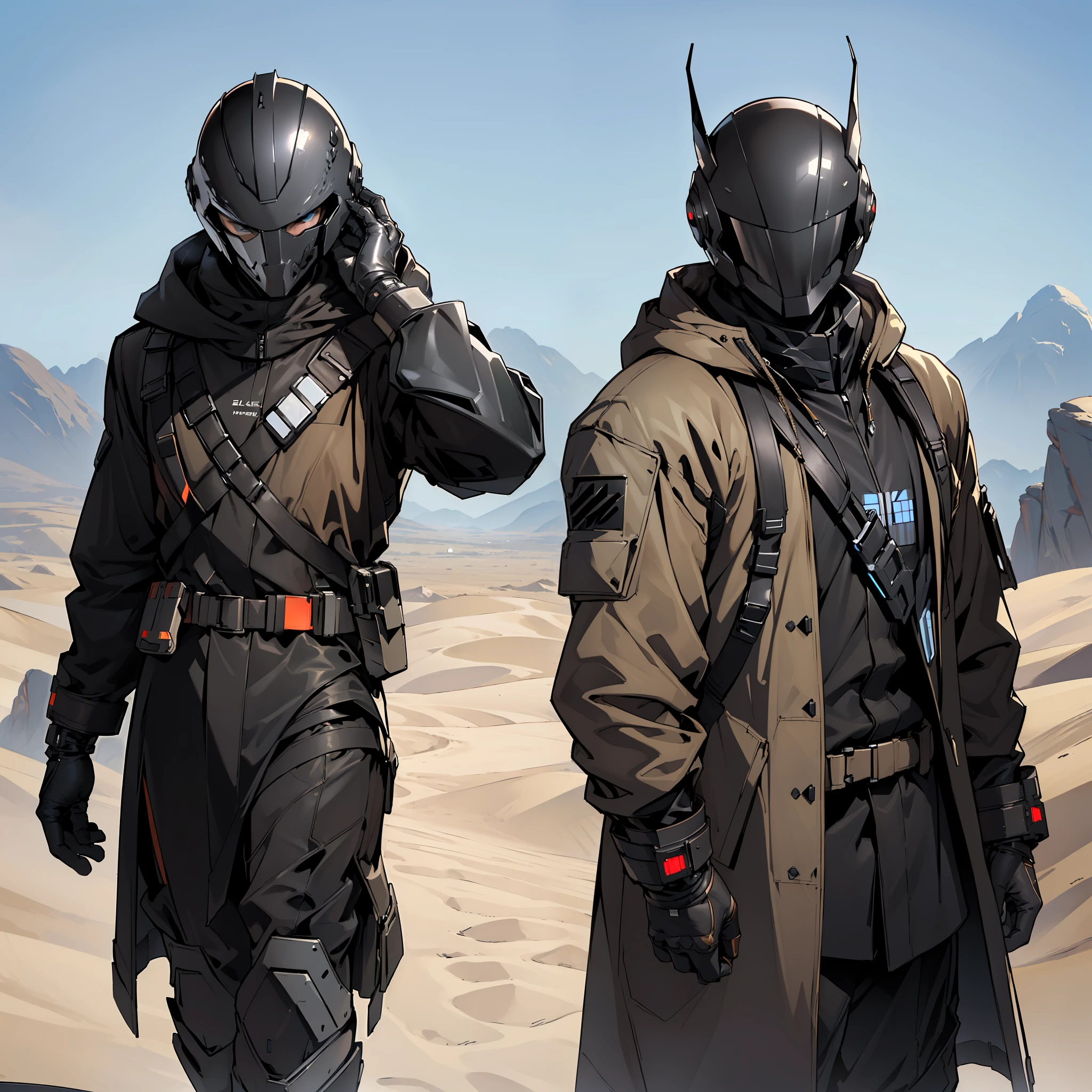 (((8k, best quality, masterpiece:1.4)))), ultra high resolution, ultra-detailed, solo, illustration, wanderer, coat, wearing hood, (futuristic black helmet fully covering face:1.5), beige coat in desert, soldier in desert