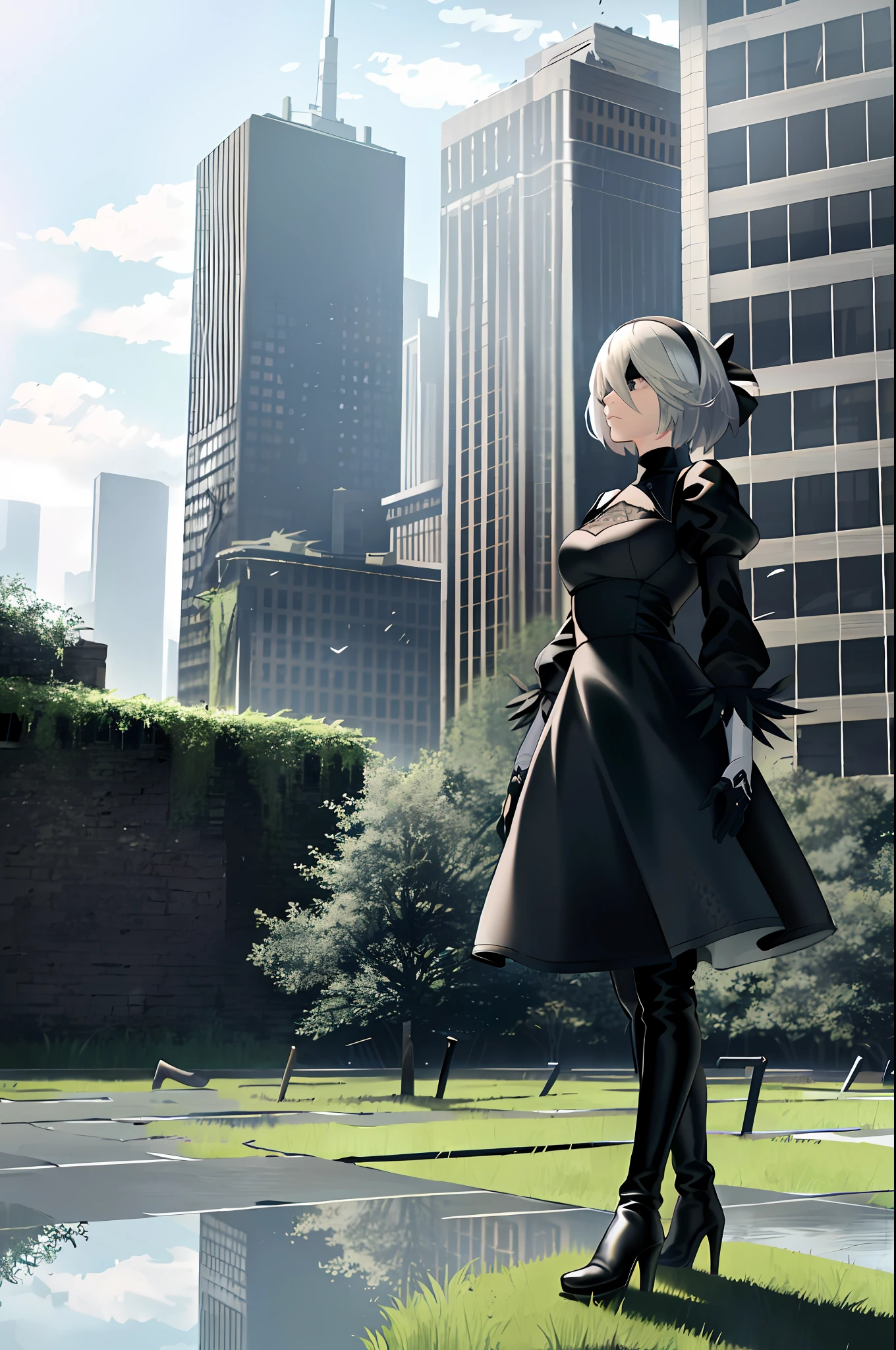 Yorha No. 2 Type B, 1Girl, Absurdres, Black Dress, Black Hair Band, Blue Sky, Boots, Construction, City, Cloud, Debris, Dress, Feather Sleeves, Feather Trim, Bottom, Gloves, Grass, Hair Band, High Heel Boots, High Heels, Highres, Juliet Sleeves, Katana, Leather, Leather Boots, Long Sleeves, Nier \(series\), Nier Automata, Outdoor, Overgrown, Pod \(Nier Automata\), post-apocalypse, puddle, swollen sleeves, rubble, ruins, landscape, sky, boots.