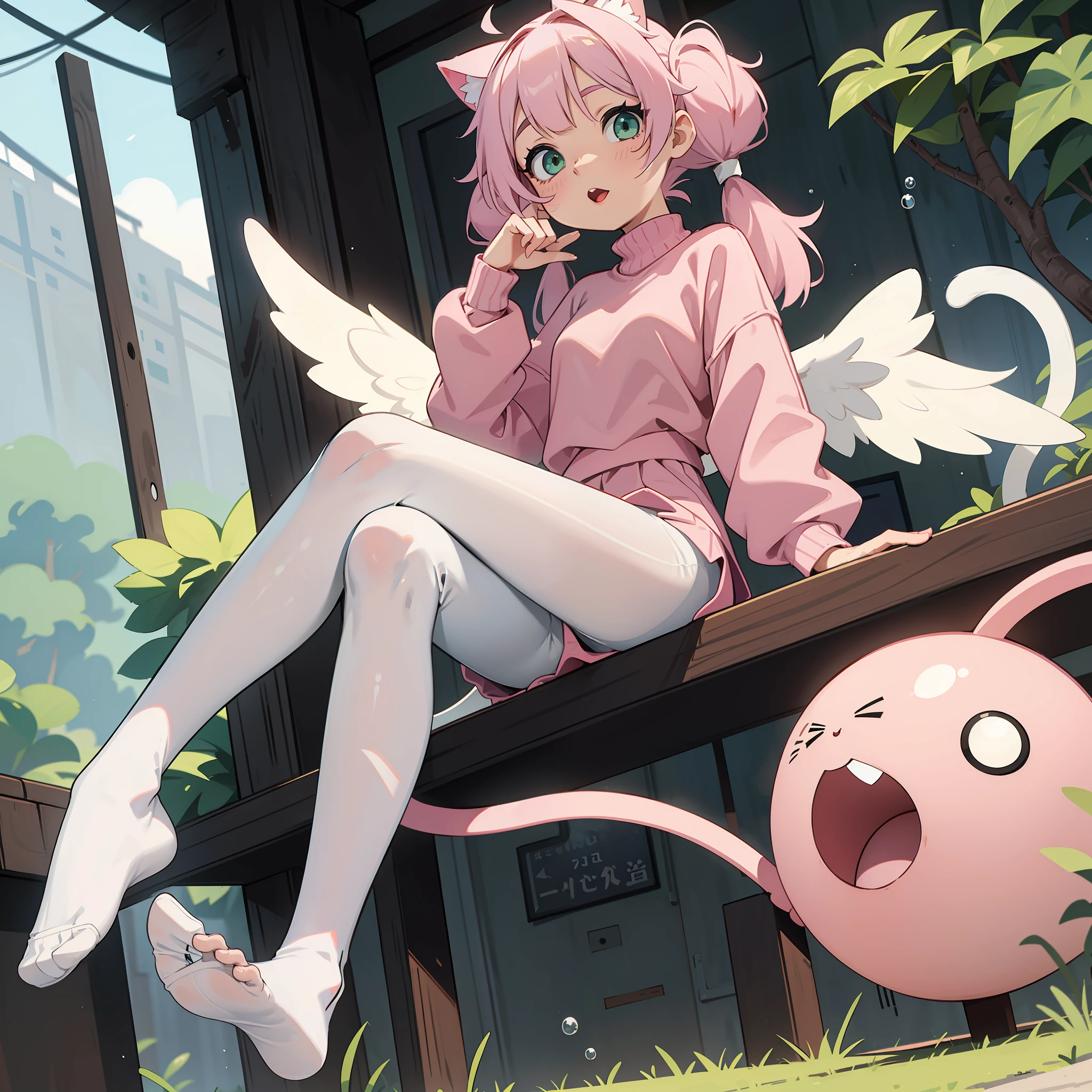 Artistic Lines, Cute Young Anime Girl, Wearing Pink Opaque Nylon Sweater, With Short Silk Puffy Skirt. Sitting on bubble, With Legs Crossed wearing ((clean white Pantyhose)), Green Eyes, (Happy) Mouth opened with tongue out. Pale Skin and face. One Hand Caressing her own legs. Curly Twin Tails Hair. Cat Ears And Tail. Angel Wings. Full-Body View. looking at viewer. ((No shoes)) Sexy leg pose. No extra legs. Solo girl.