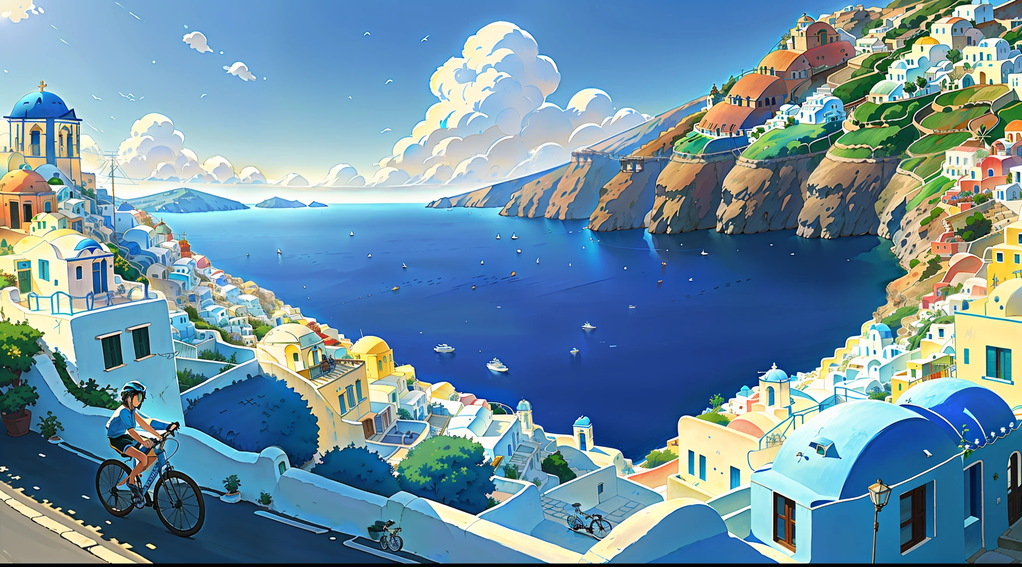 (bike: 1.5), (realistic bike: 1.5), (realistic cyclist: 1.5), back cyclist, Greece, Santorini, house with blue roofs, sun, landscape background, shadows, contrast, makoto shinkai (Best quality:1.3), (Highres:1) Art by Studio Ghibli Style, Impressionism, Solitude