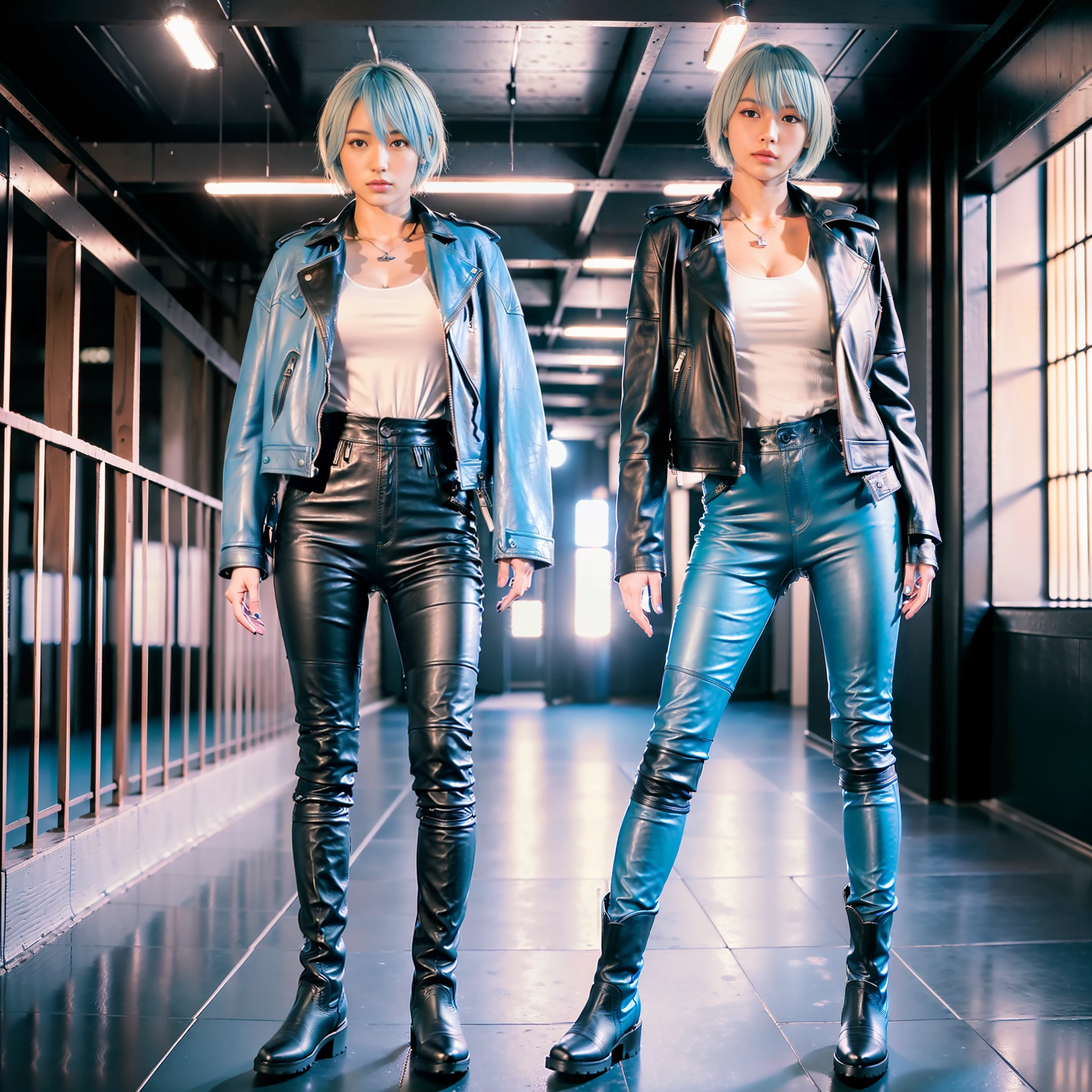 (((Masterpiece)))), ((highest quality)))), (Real)))), (8K))))), (Japan female), 18 years old, (boyish)), (Tall))), (Super big breasts))))), looking at the camera, (Full body)), (All light blue)))), (Light blue hair)))), (Short cut), (Riders jacket)))), ((( Leather pants)), ((leather boots))