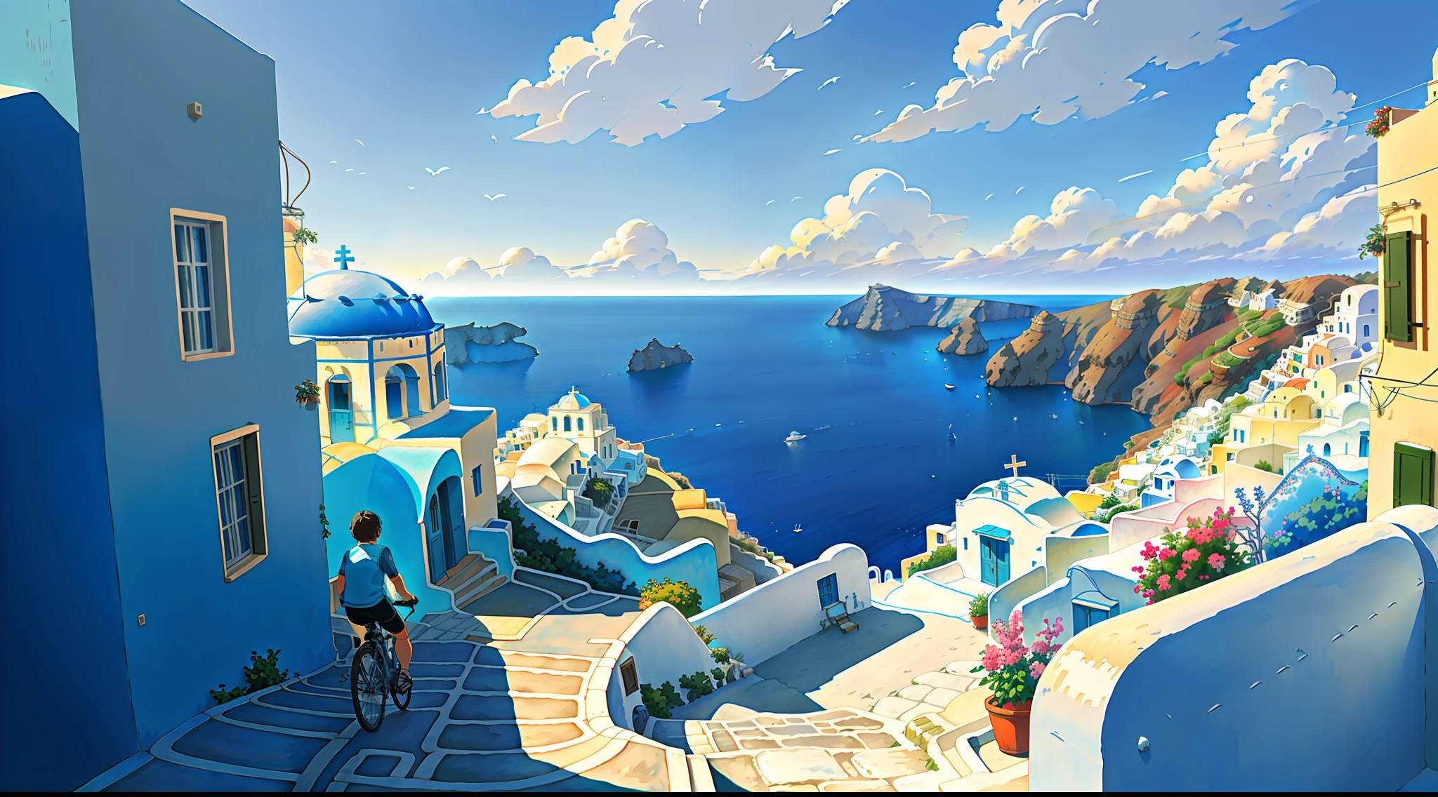 (bike: 1.5), (realistic bike: 1.5), (realistic cyclist: 1.5), back cyclist, Greece, Santorini, house with blue roofs, sun, landscape background, shadows, contrast, makoto shinkai (Best quality:1.3), (Highres:1) Art by Studio Ghibli Style, Impressionism, Solitude