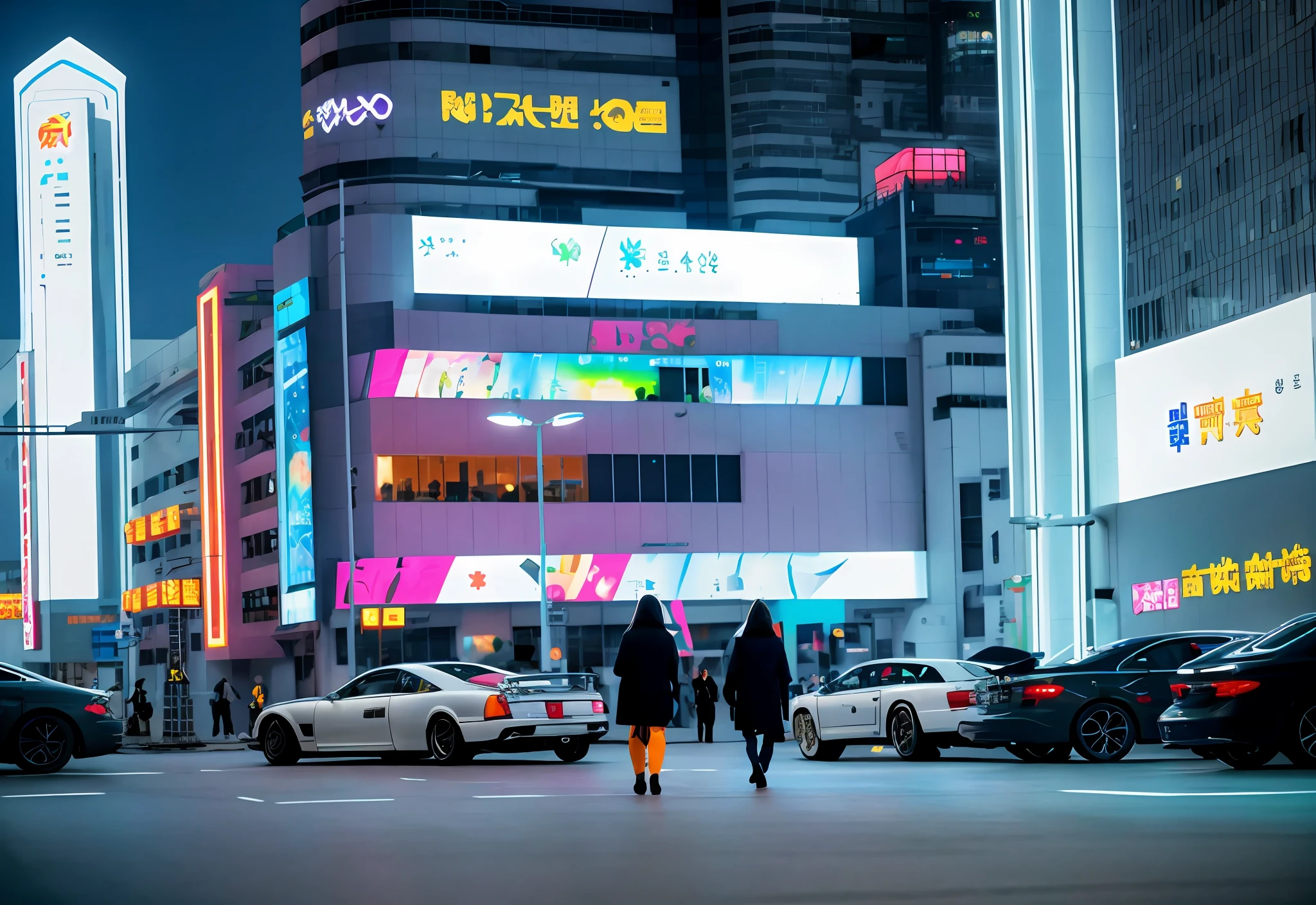 Cyberpunk written board (INTER Store) technology lights people city