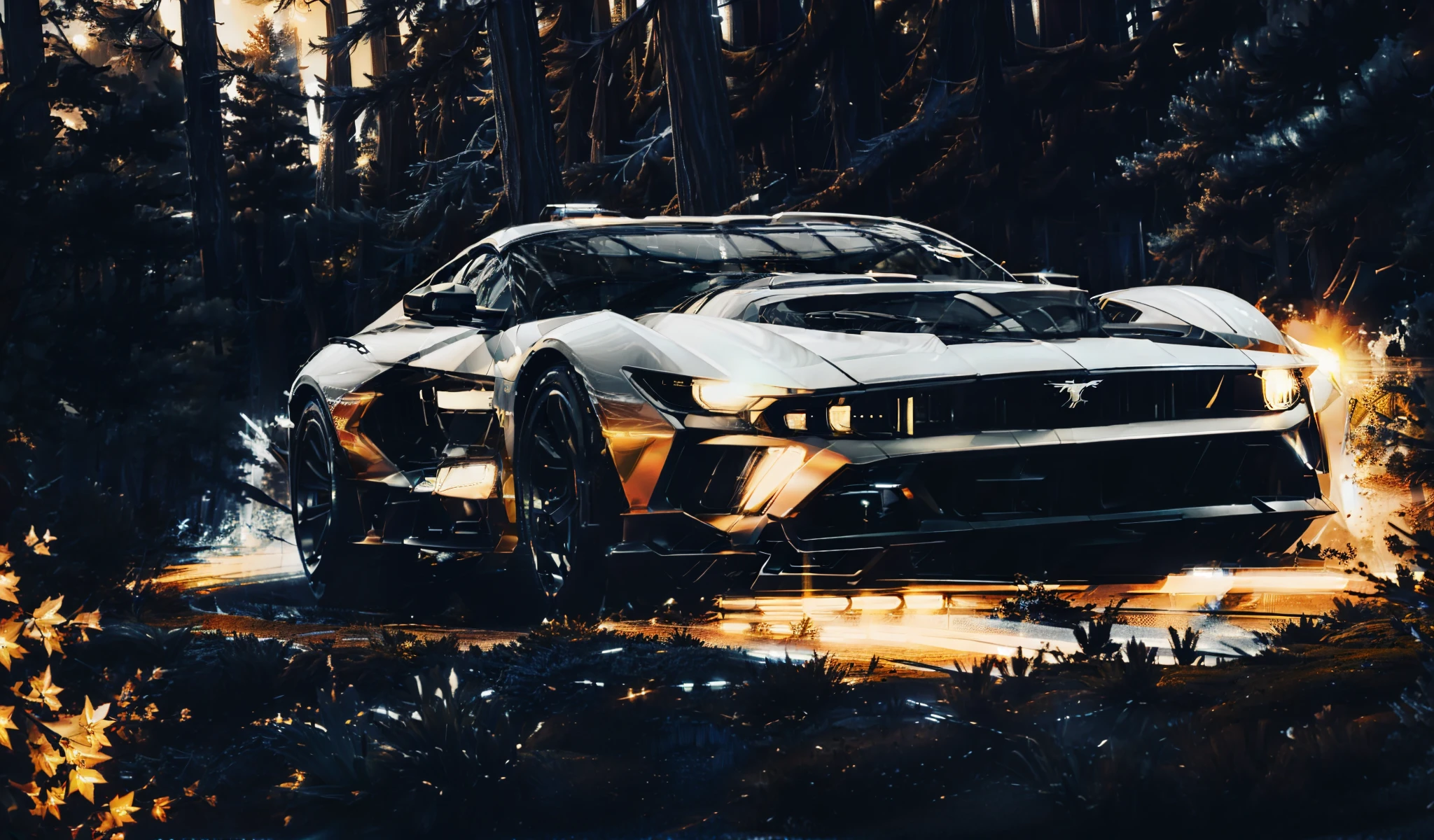 1Mustang Style Hyper Speed 1Car, through the forest commercial photo, full of stars, blue white, golden hour, speeding down a neon-lit road at night, with an elegant and sporty vibe, highly detailed, digital painting, Artstation, concept art, sharp focus, by artists such as Daniel Simon, Scott Robertson and Syd Mead, film, 4K, volumetric lighting (good composition),  (in frame), centered, 8k, 4k, detailed, attractive, beautiful, impressive.