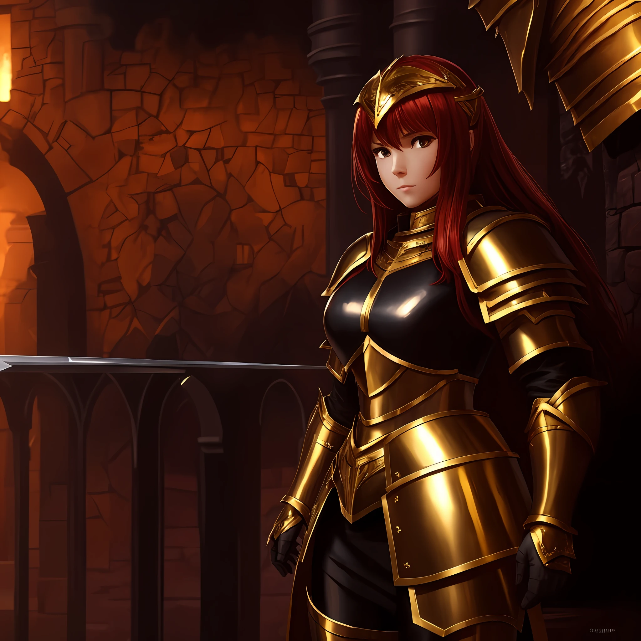 Girl in heavy obsidian gold knight armor, heavy obsidian gold plate armor, heavy plate obsidian gold armor, red head girl in heavy paladin obsidian gold armor