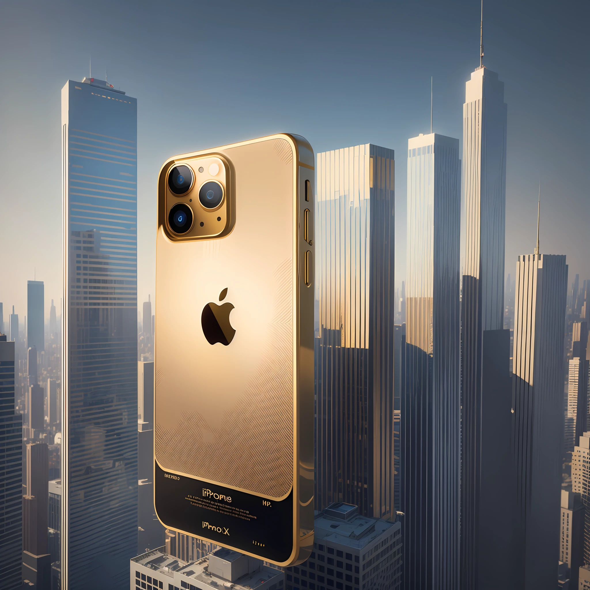 A gigantic iPhone 14 ProMax at a height of 10,000 feet is found between skyscrapers.Golden cover.Golden background.Realistically detailed.Detailed iPhone Logo CGI 8k resolution. --auto --s2